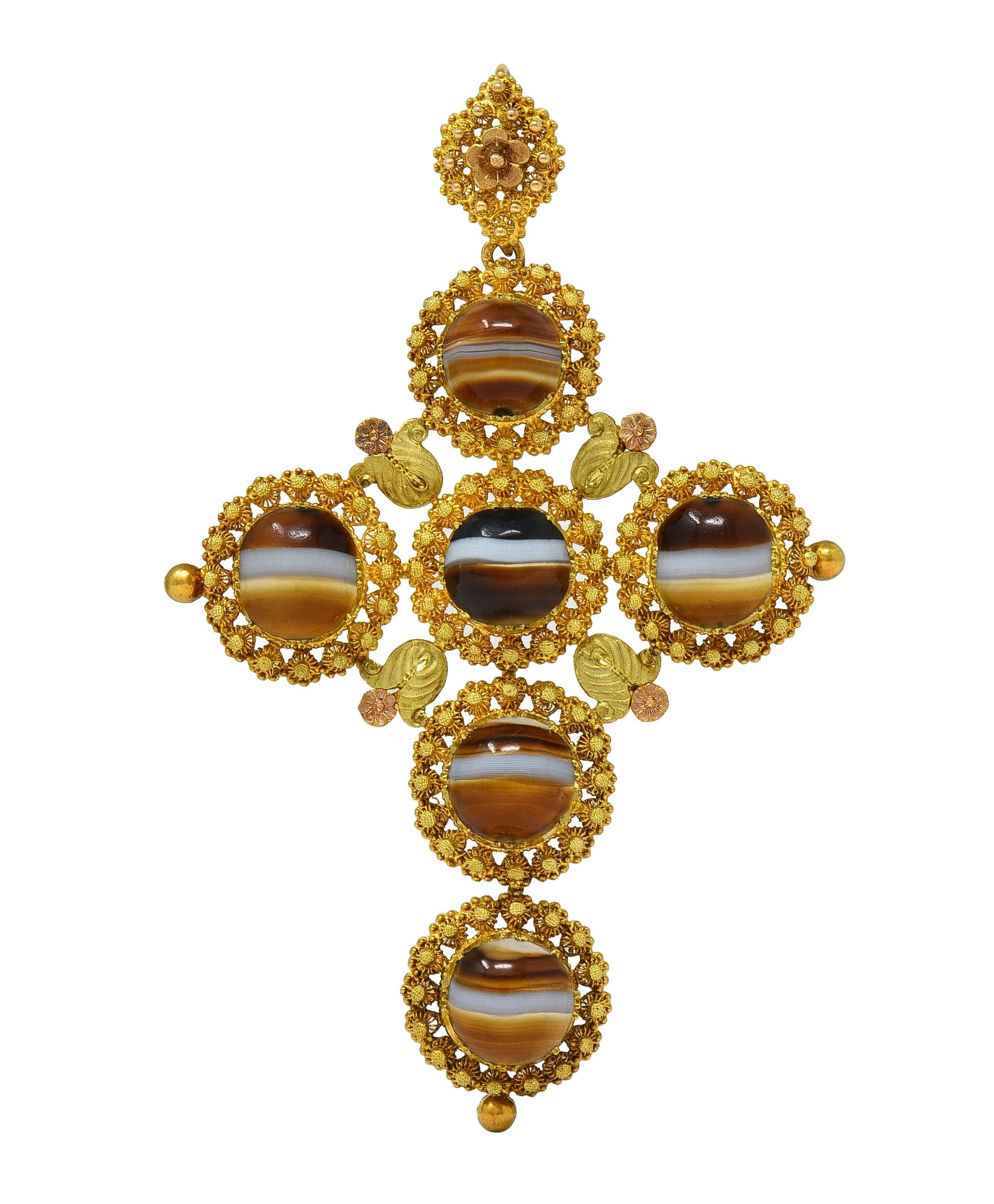 Victorian Etruscan Revival Sardonyx 18K Gold Antique Cross Pendant
