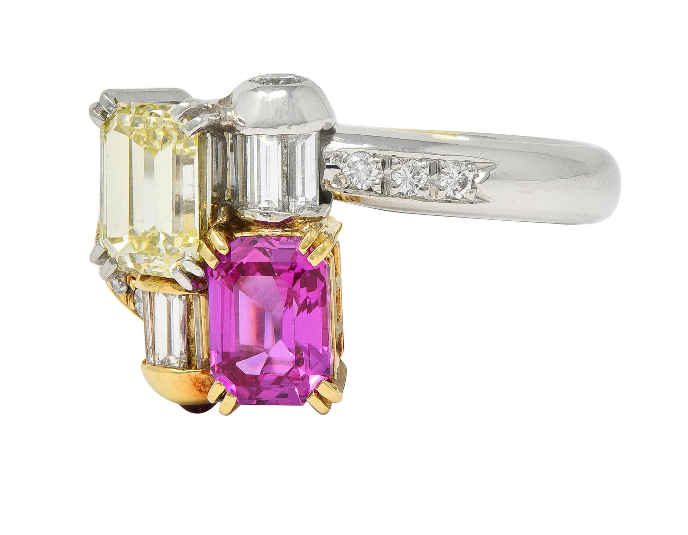 2000's Pink Sapphire Fancy Yellow Diamond Ruby Platinum 18K Gold Toi-Et-Moi Ring