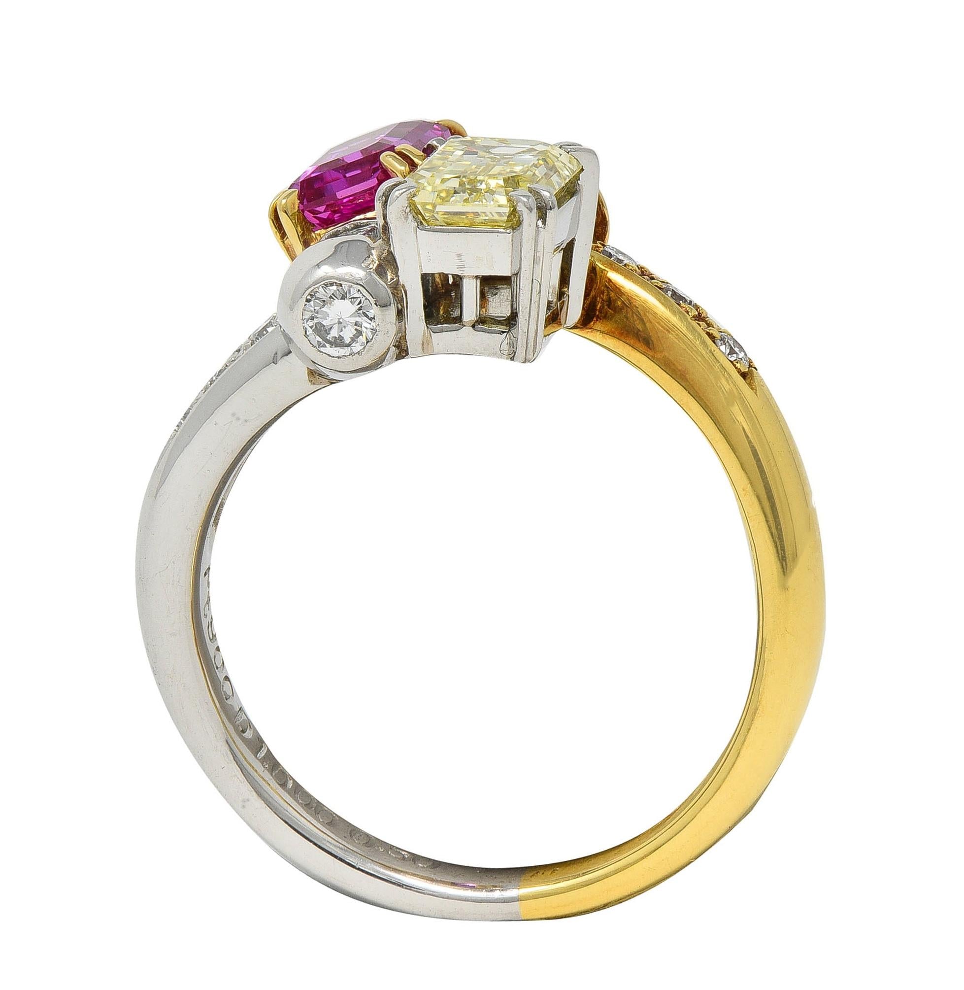 2000's Pink Sapphire Fancy Yellow Diamond Ruby Platinum 18K Gold Toi-Et-Moi Ring