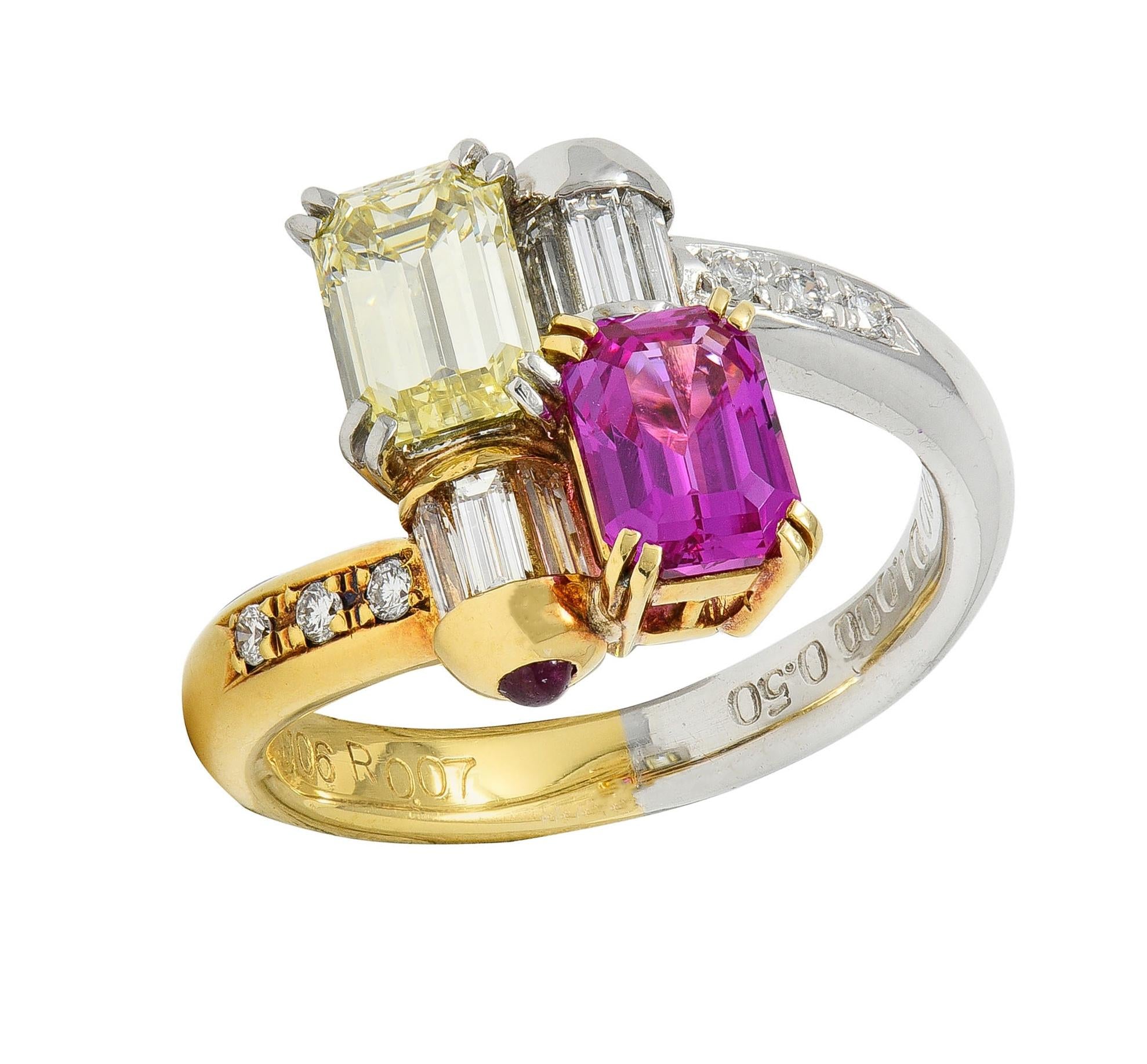 2000's Pink Sapphire Fancy Yellow Diamond Ruby Platinum 18K Gold Toi-Et-Moi Ring