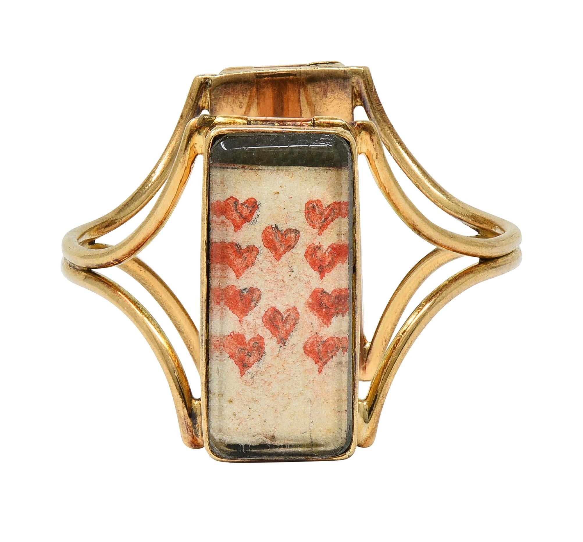 Georgian Quartz 14K Yellow Gold Antique Playing Card Double Compartment Ring
