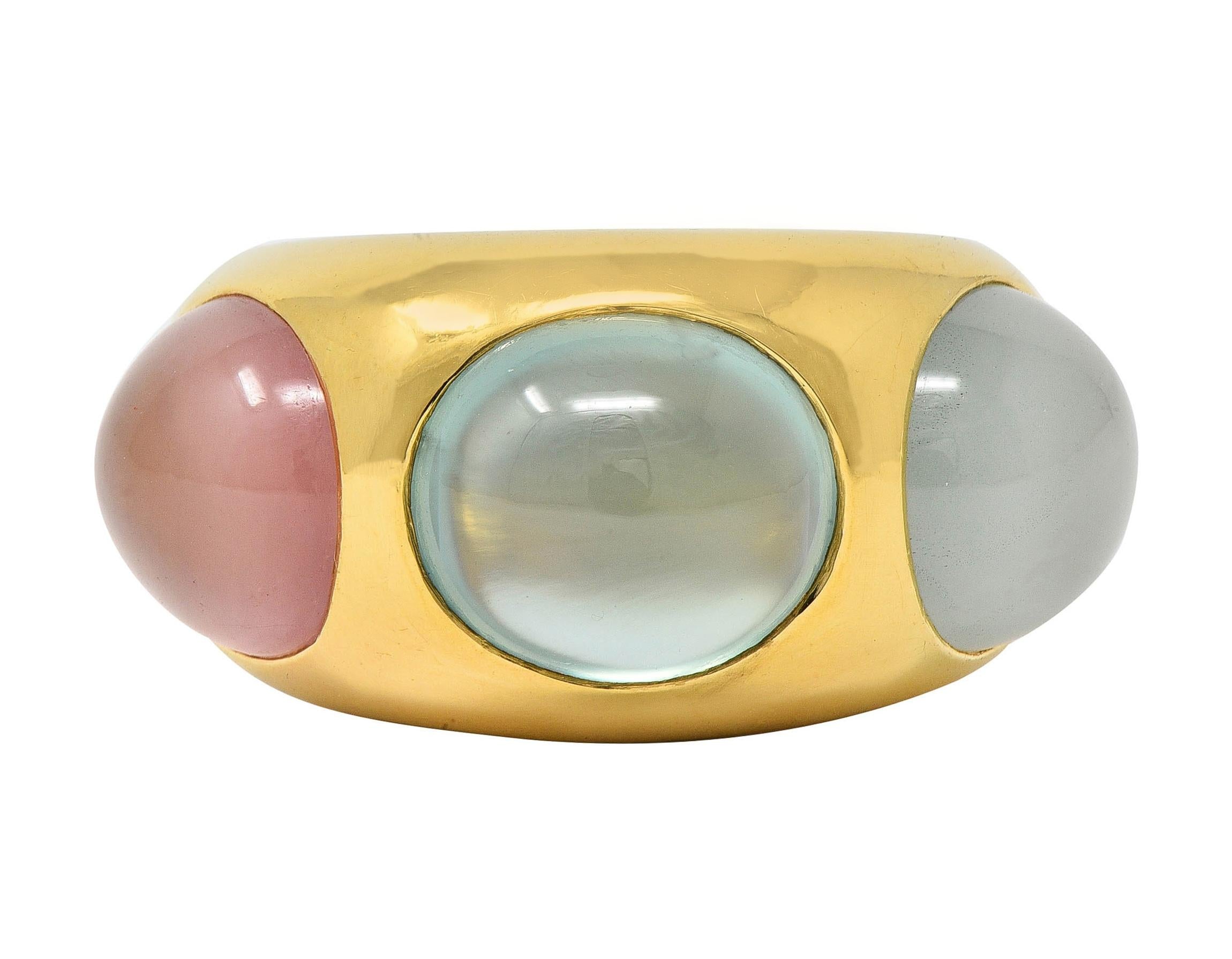1980's Multi-Quartz 18 Karat Yellow Gold Vintage Three Stone Bubble Ring