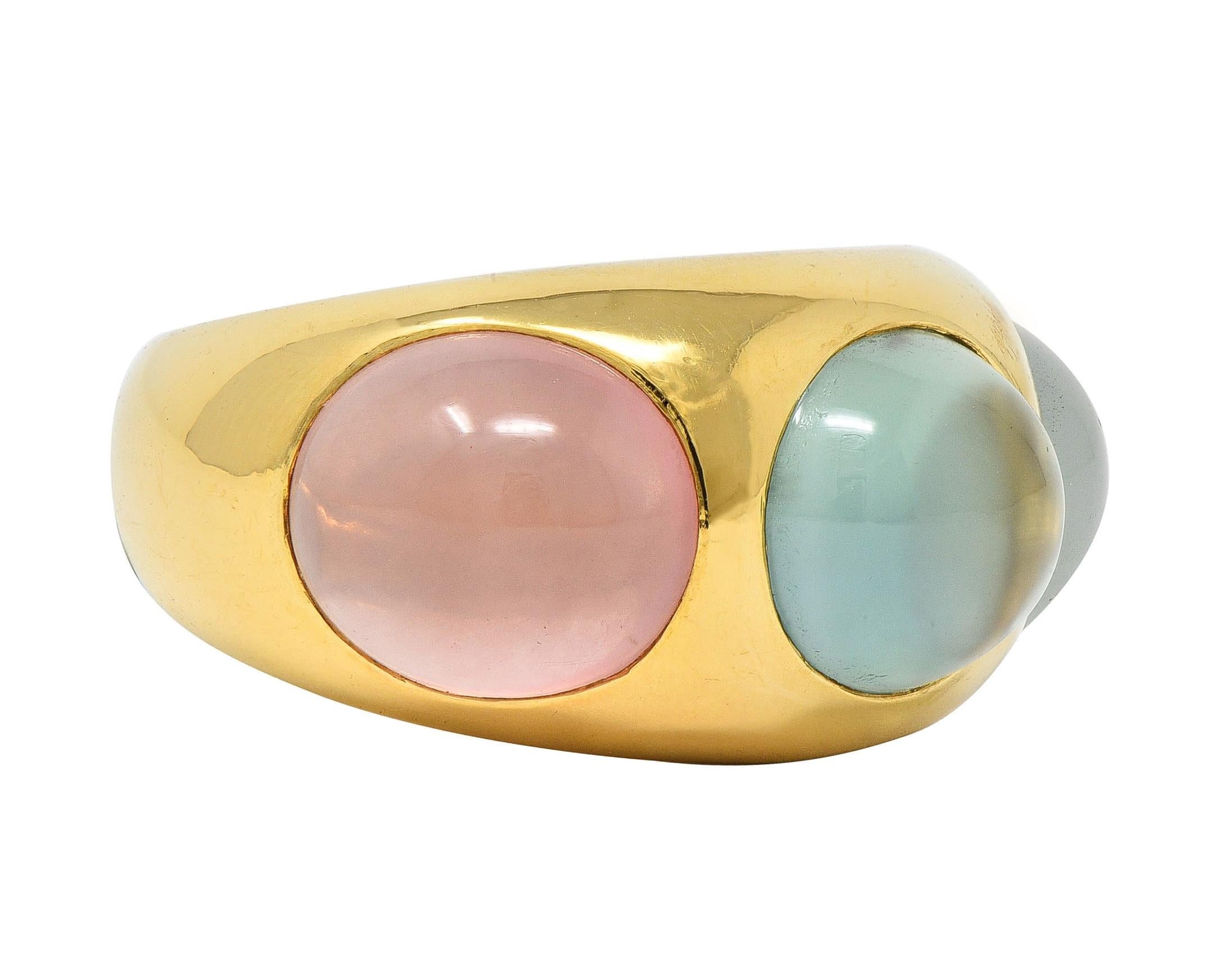 1980's Multi-Quartz 18 Karat Yellow Gold Vintage Three Stone Bubble Ring