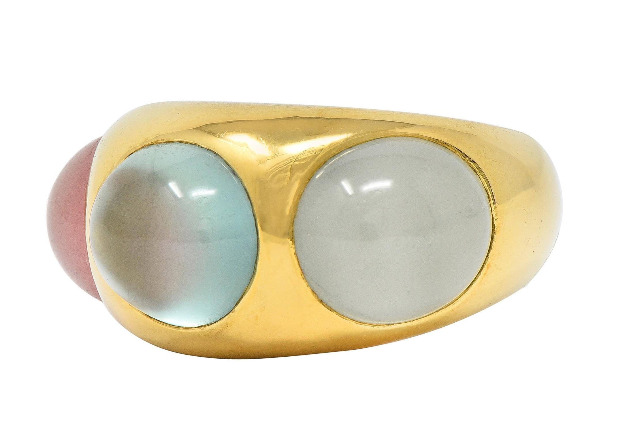 1980's Multi-Quartz 18 Karat Yellow Gold Vintage Three Stone Bubble Ring