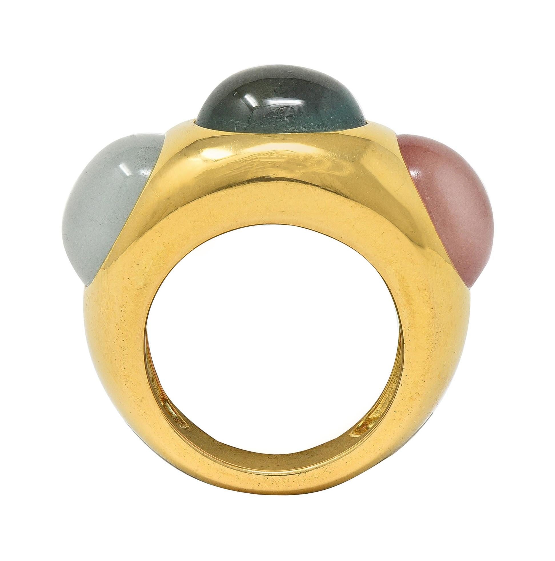 1980's Multi-Quartz 18 Karat Yellow Gold Vintage Three Stone Bubble Ring