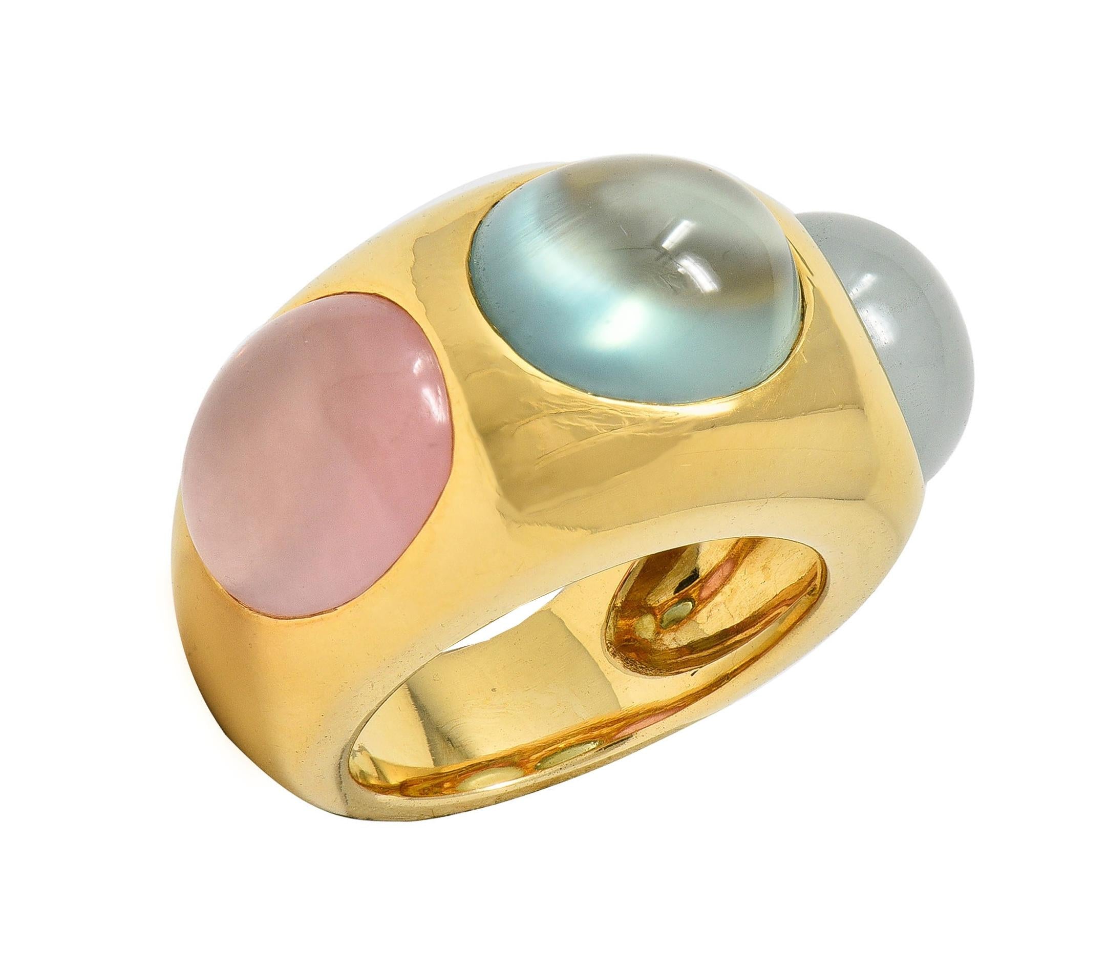 1980's Multi-Quartz 18 Karat Yellow Gold Vintage Three Stone Bubble Ring