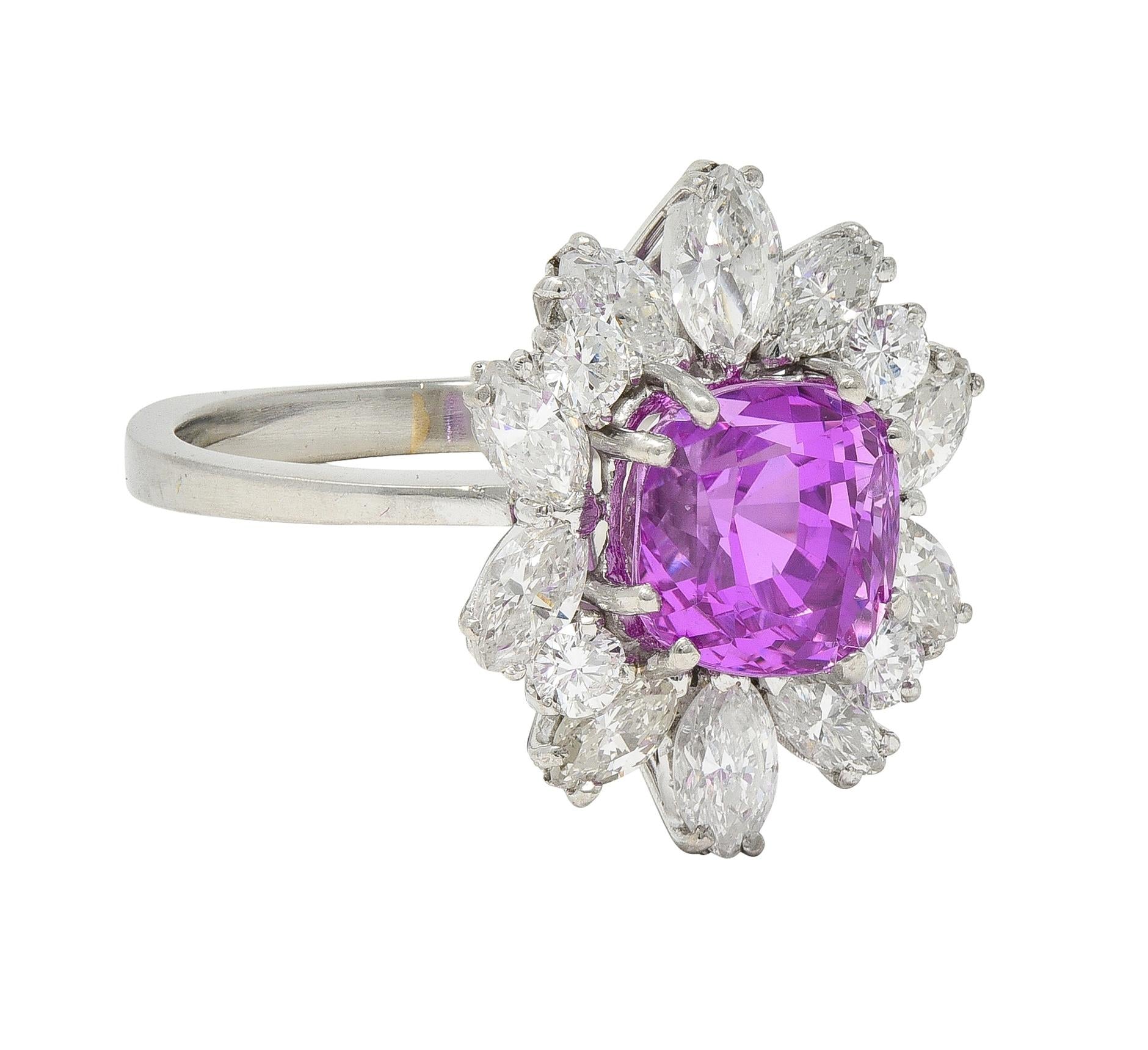 1950's 5.44 CTW Ceylon Pink Sapphire Diamond Platinum Vintage Cluster Ring GIA