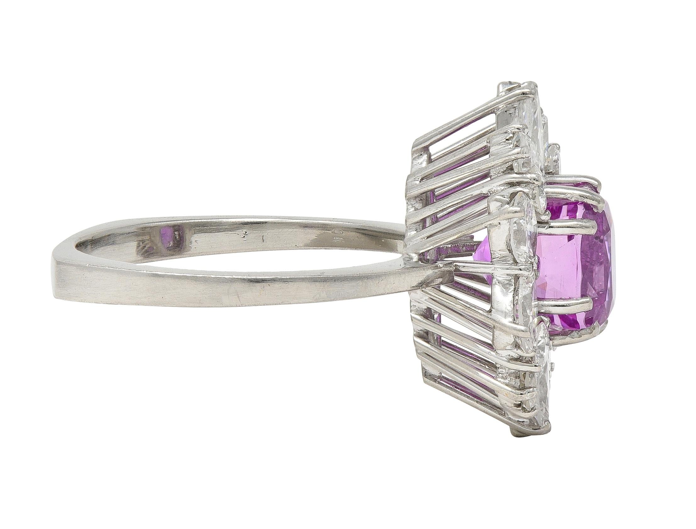 1950's 5.44 CTW Ceylon Pink Sapphire Diamond Platinum Vintage Cluster Ring GIA