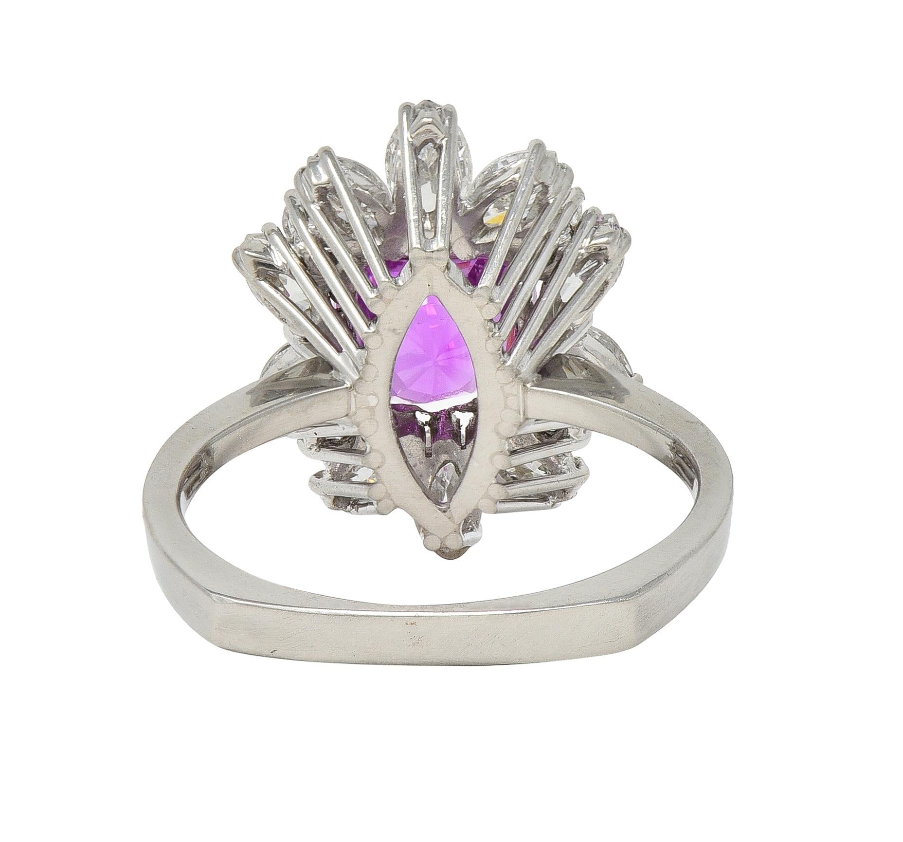 1950's 5.44 CTW Ceylon Pink Sapphire Diamond Platinum Vintage Cluster Ring GIA