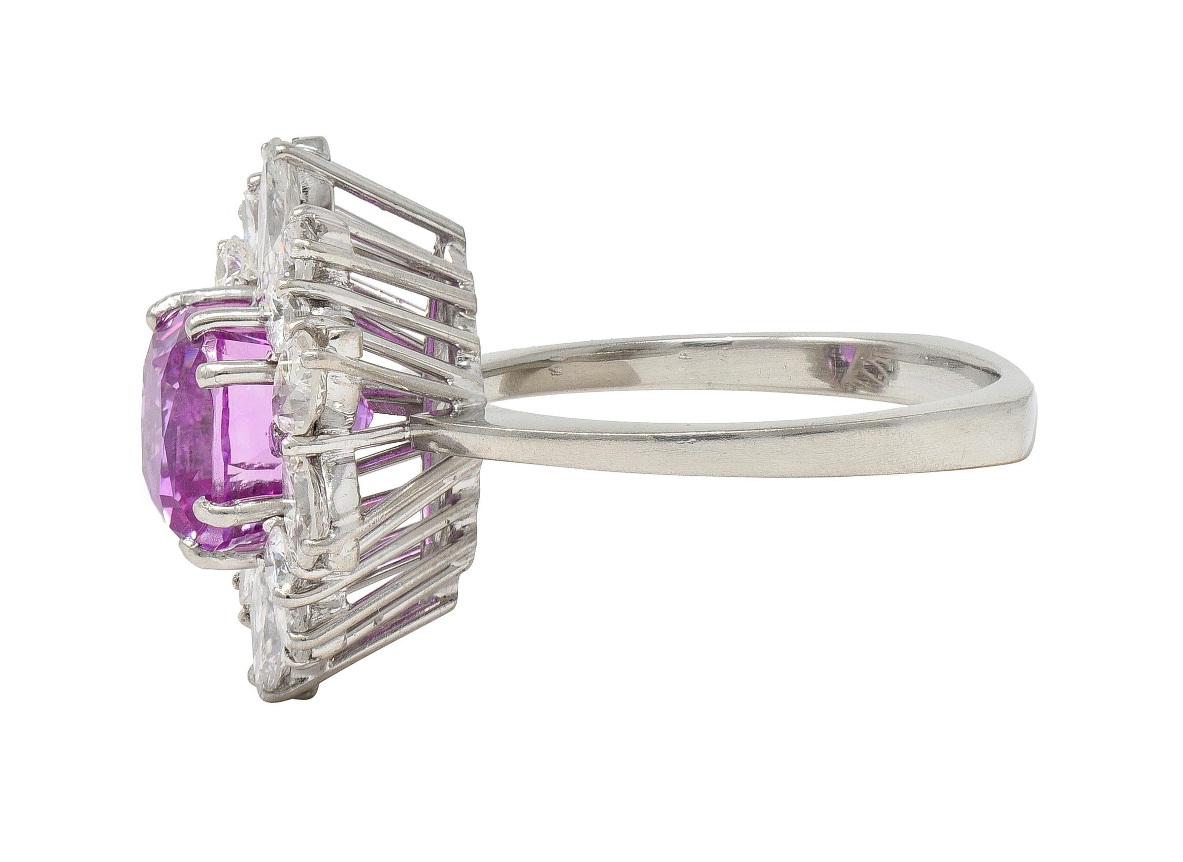 1950's 5.44 CTW Ceylon Pink Sapphire Diamond Platinum Vintage Cluster Ring GIA
