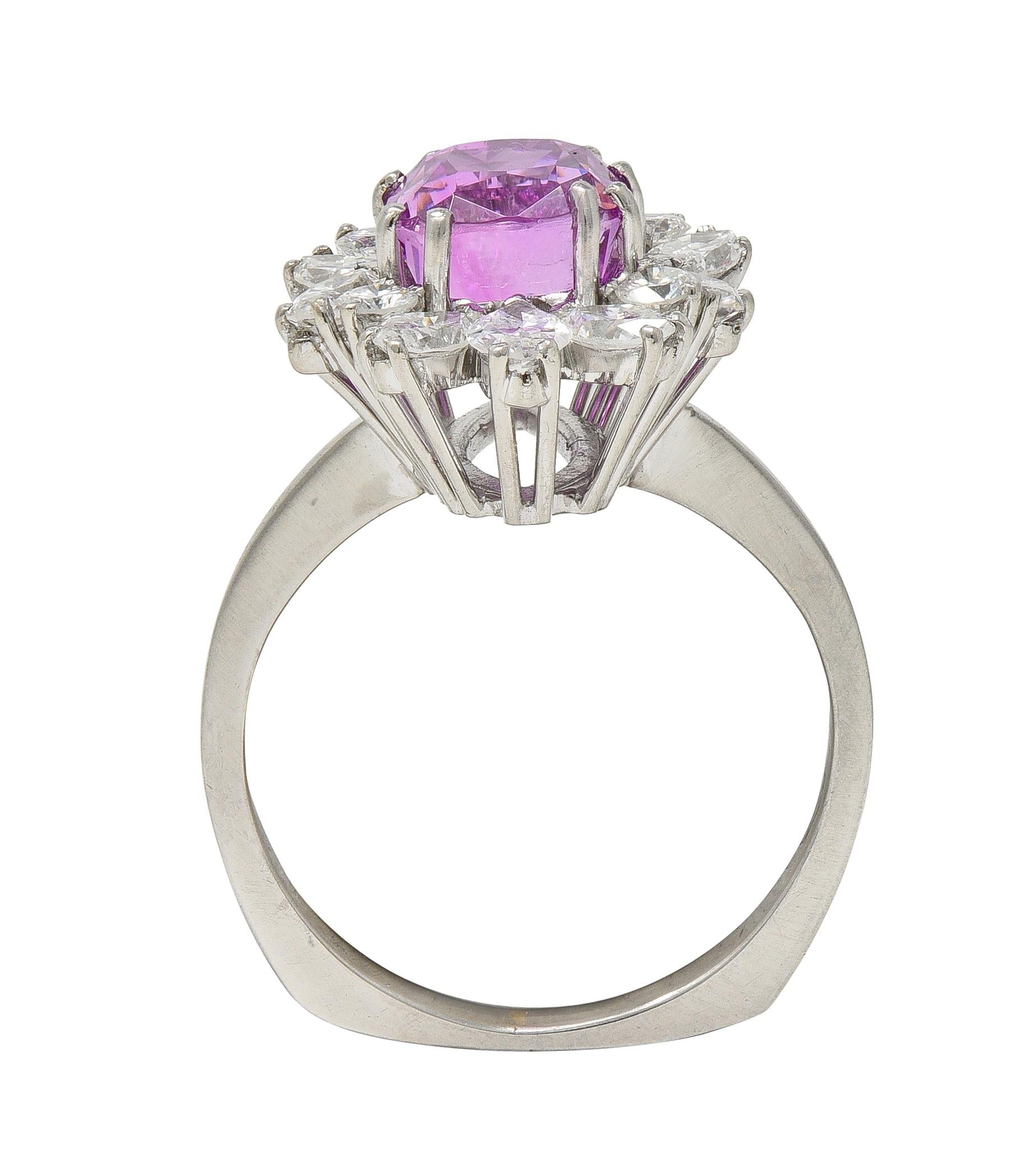 1950's 5.44 CTW Ceylon Pink Sapphire Diamond Platinum Vintage Cluster Ring GIA