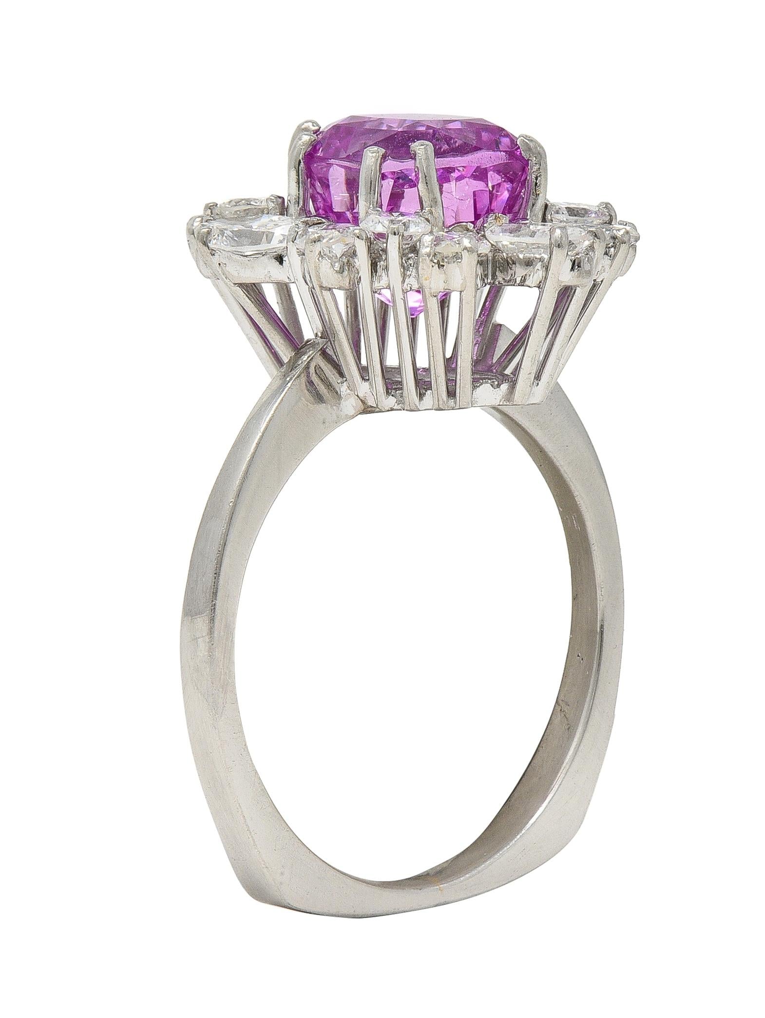 1950's 5.44 CTW Ceylon Pink Sapphire Diamond Platinum Vintage Cluster Ring GIA