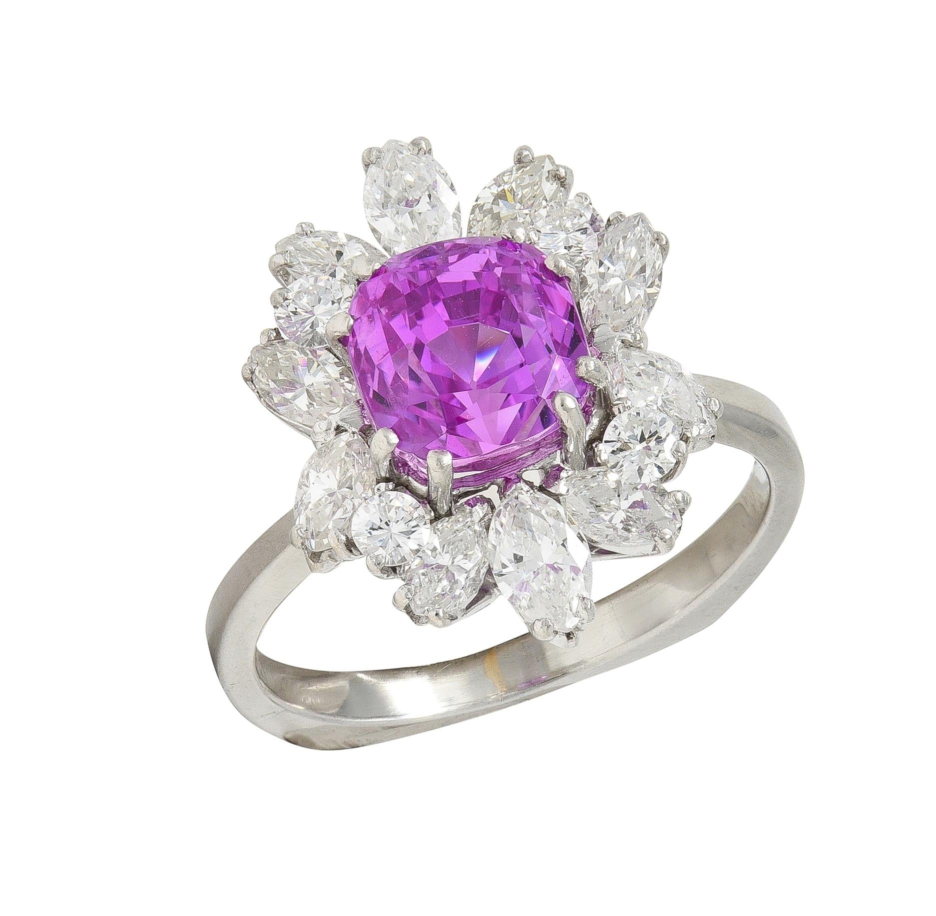 1950's 5.44 CTW Ceylon Pink Sapphire Diamond Platinum Vintage Cluster Ring GIA
