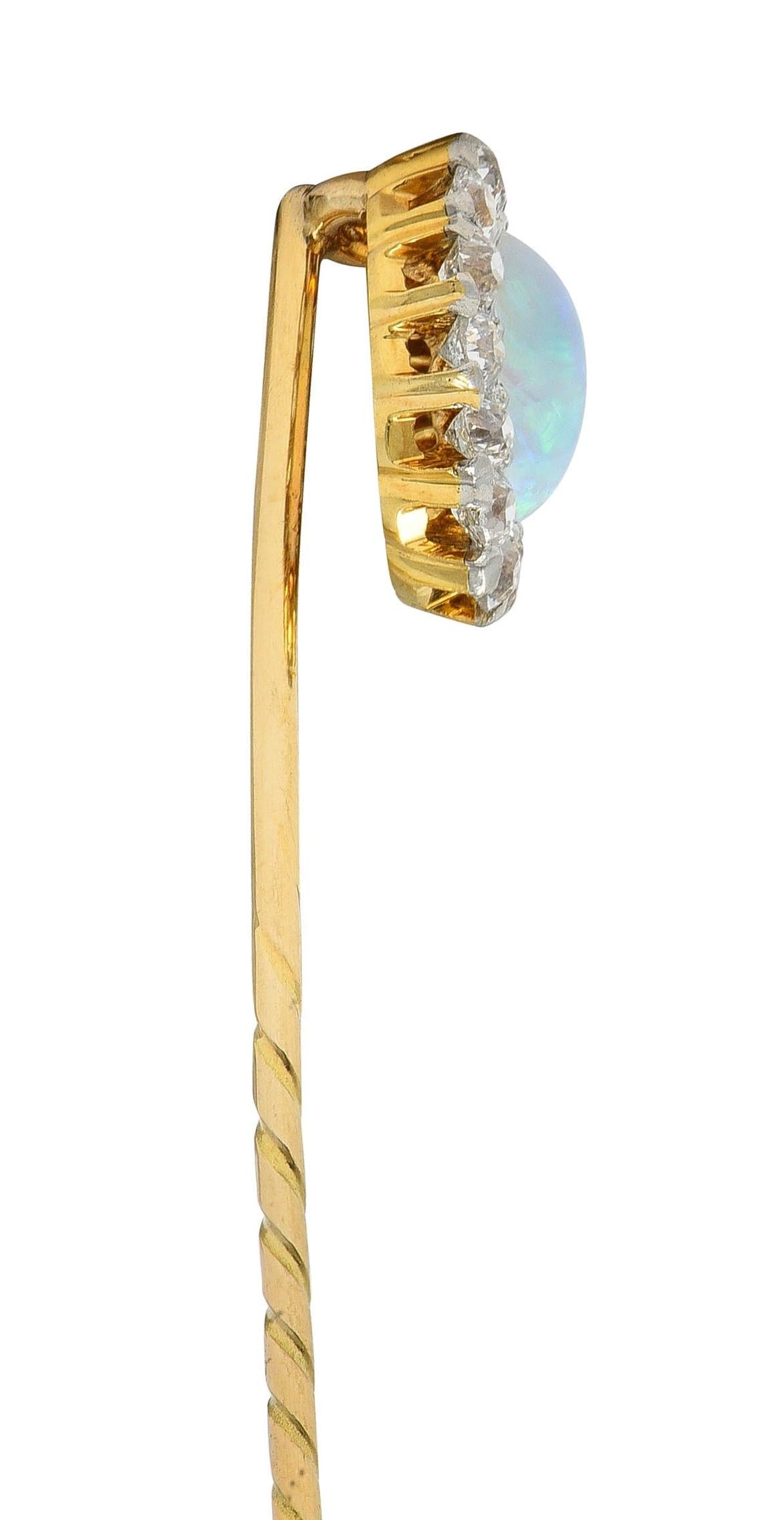 Edwardian Jelly Opal Diamond 14 Karat Yellow Gold Antique Halo Stickpin