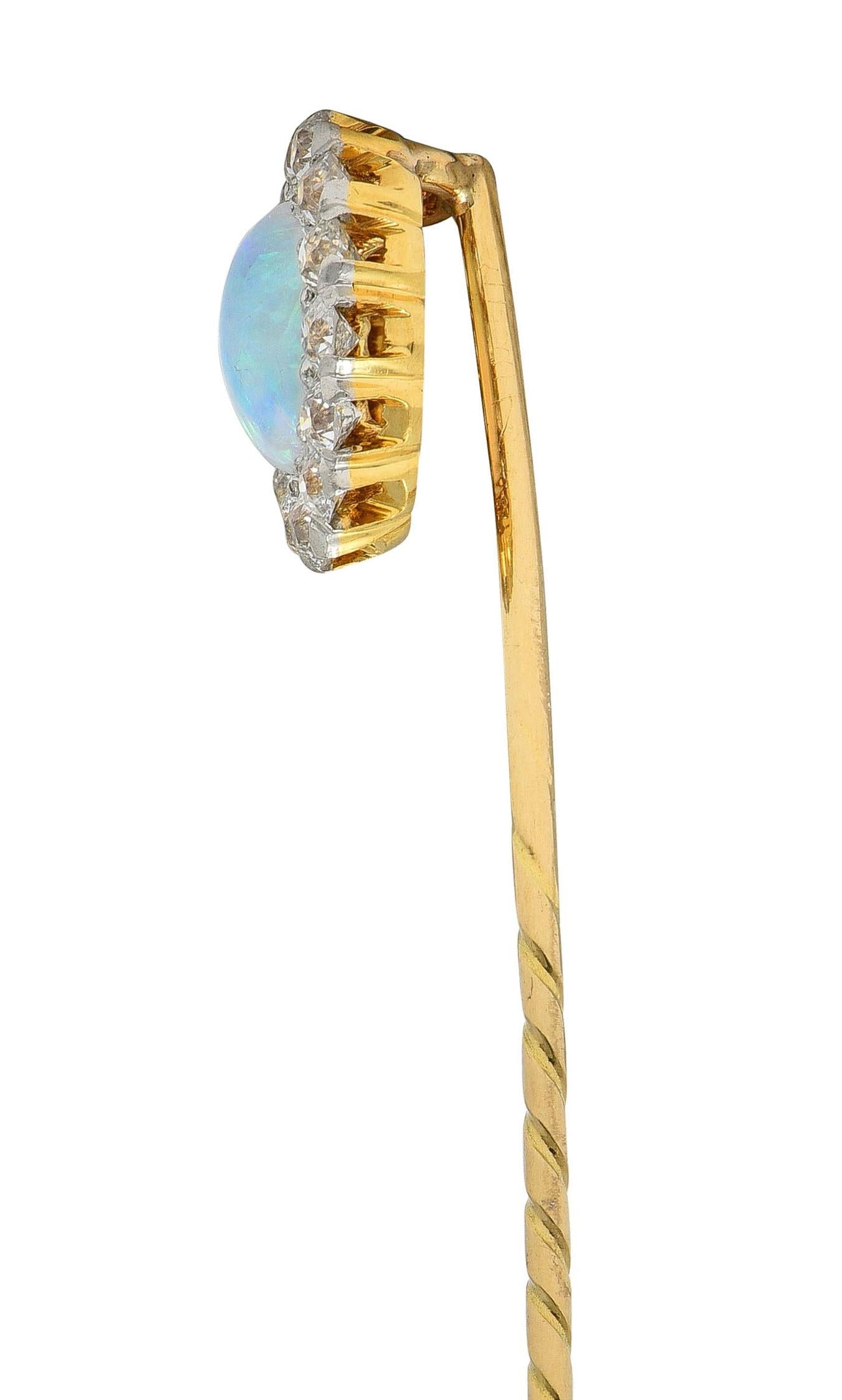 Edwardian Jelly Opal Diamond 14 Karat Yellow Gold Antique Halo Stickpin