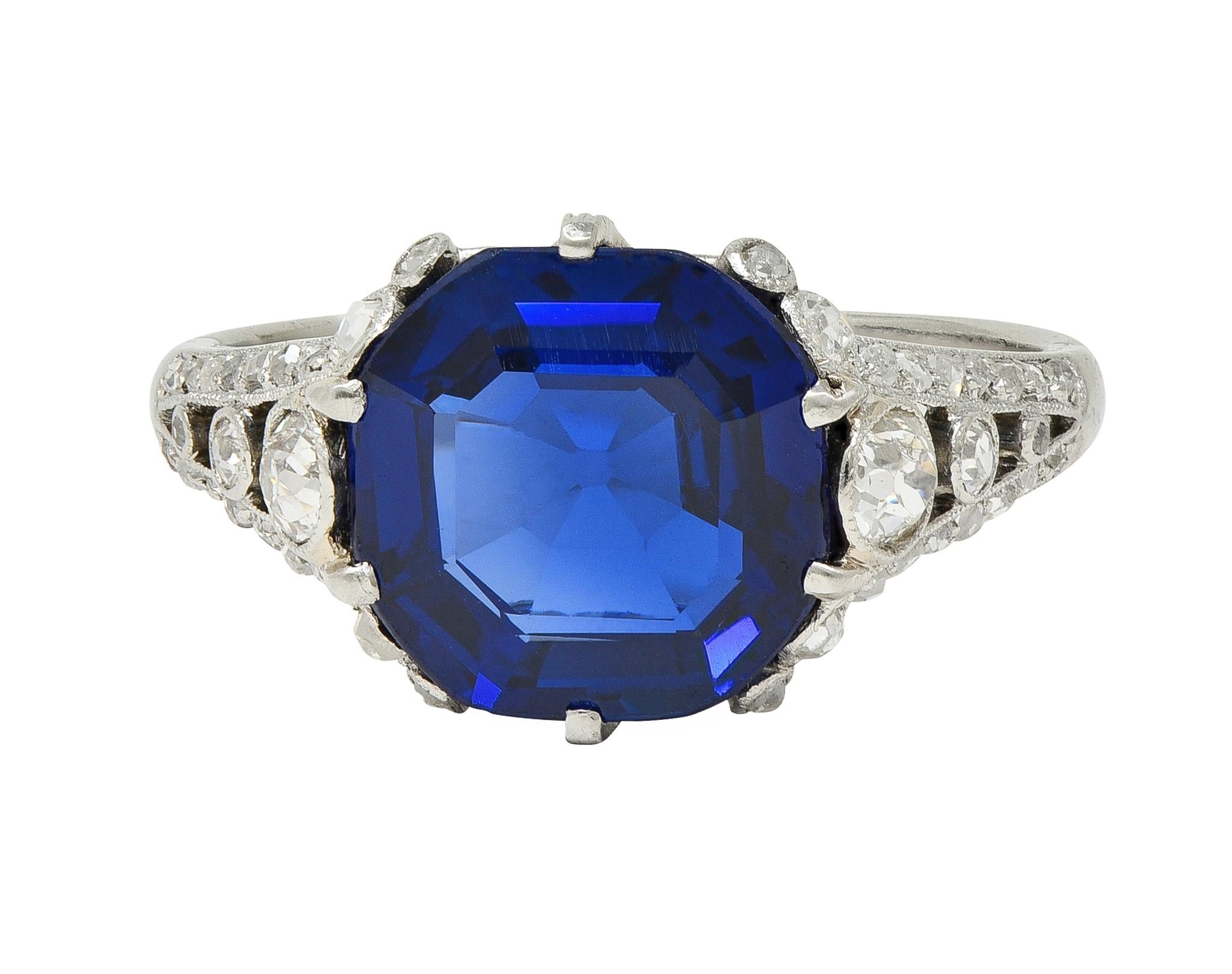 French Art Deco 4.37 CTW No Heat Burma Sapphire Platinum Antique Burmese Ring