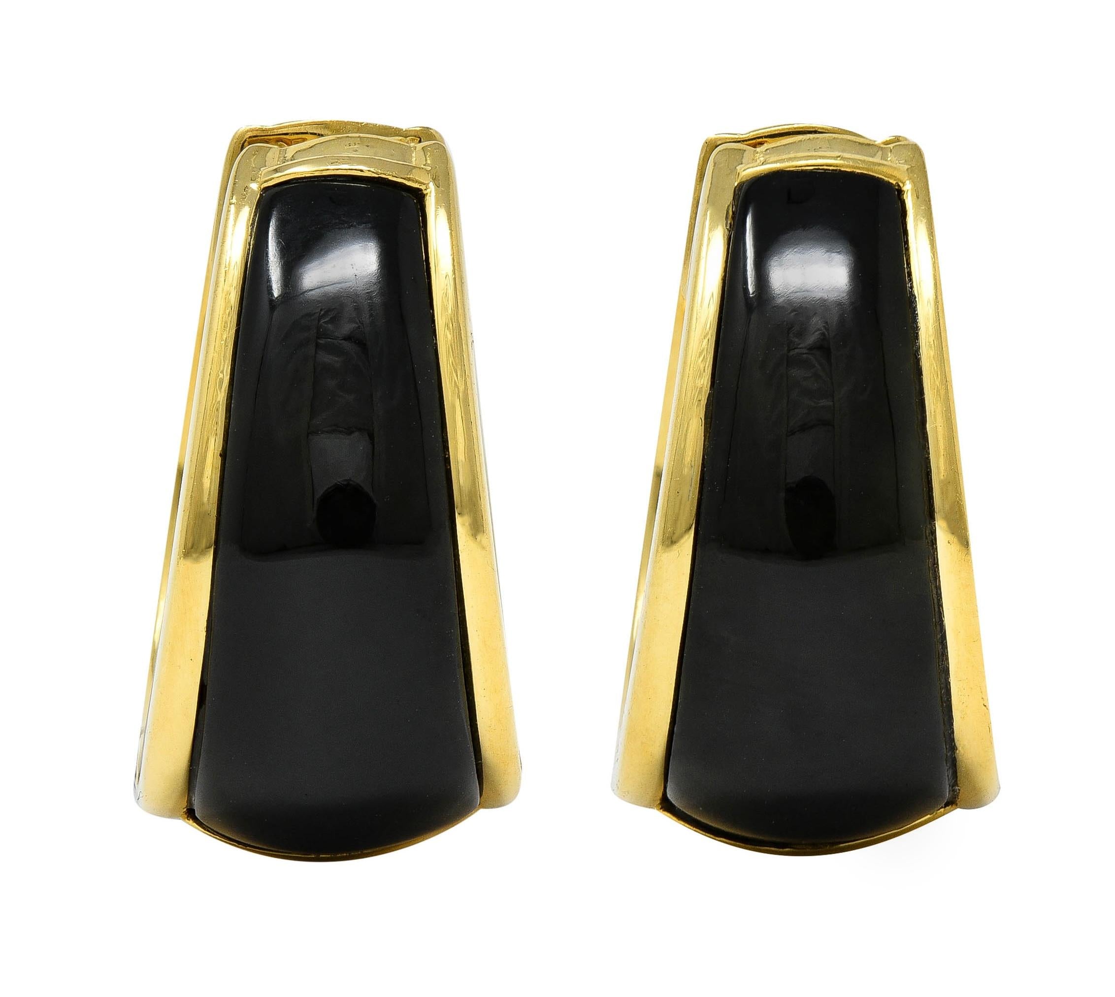 1990's Carved Black Jade 18 Karat Yellow Gold Vintage Huggie Earrings