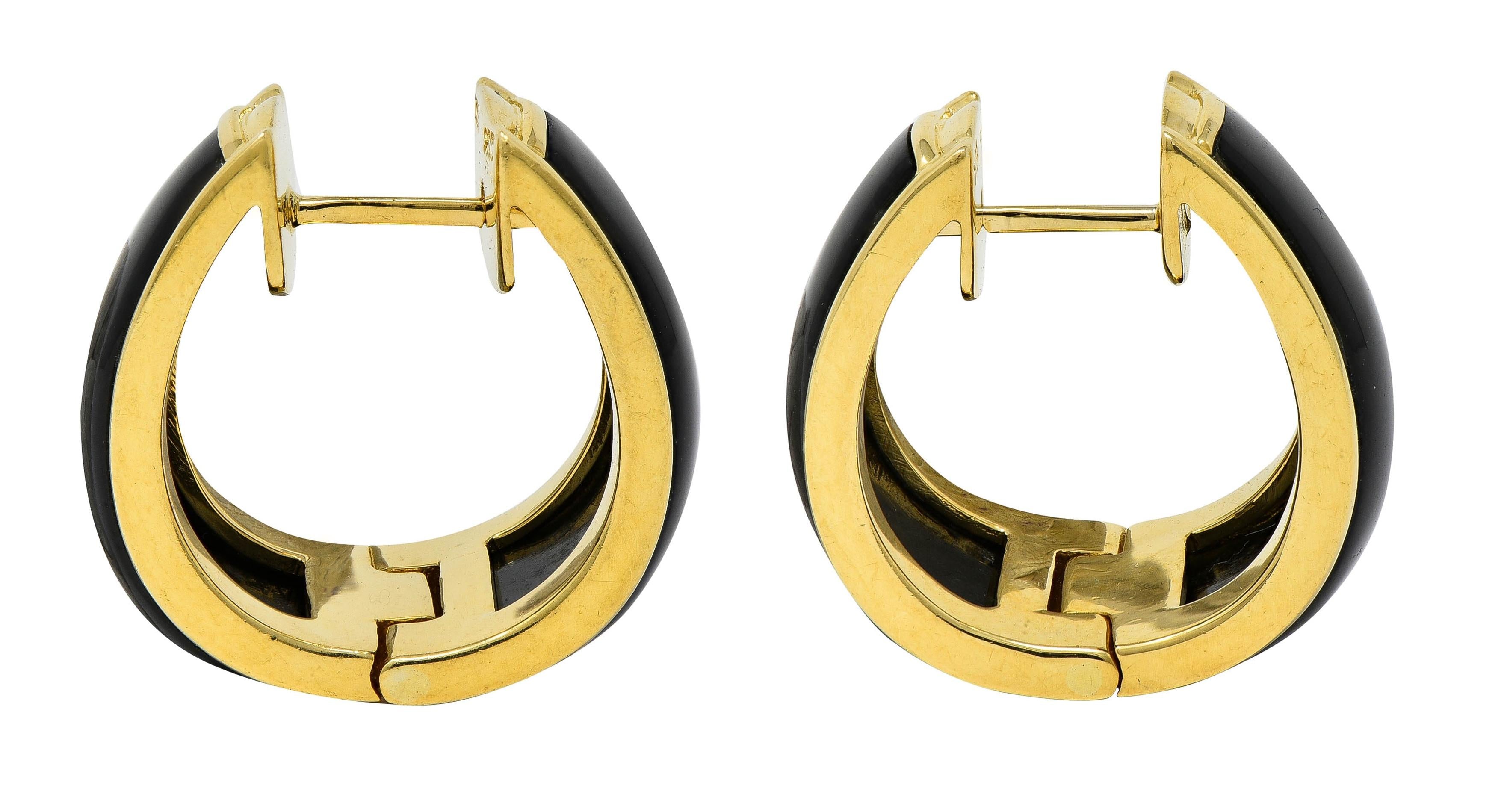 1990's Carved Black Jade 18 Karat Yellow Gold Vintage Huggie Earrings