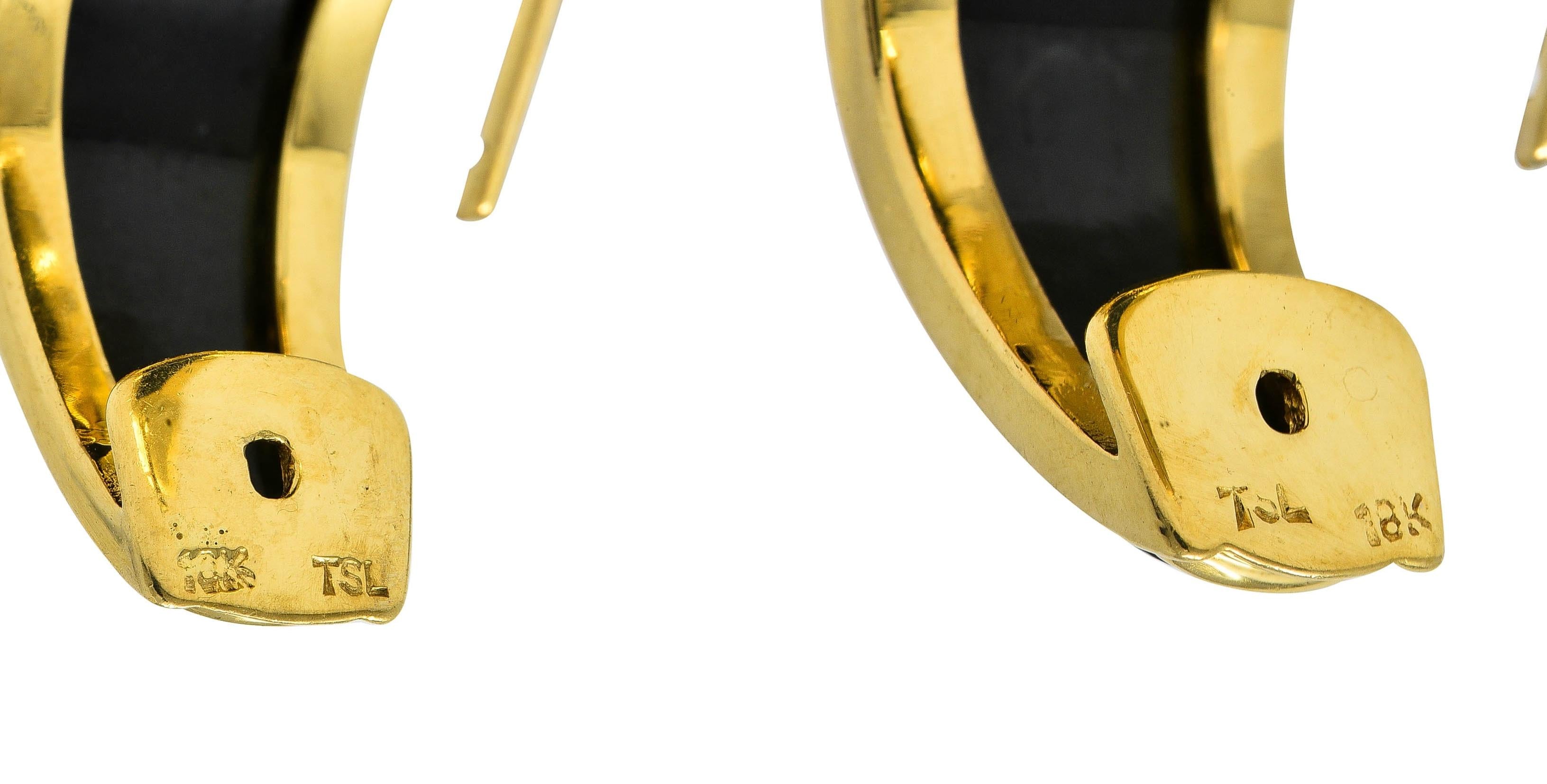 1990's Carved Black Jade 18 Karat Yellow Gold Vintage Huggie Earrings