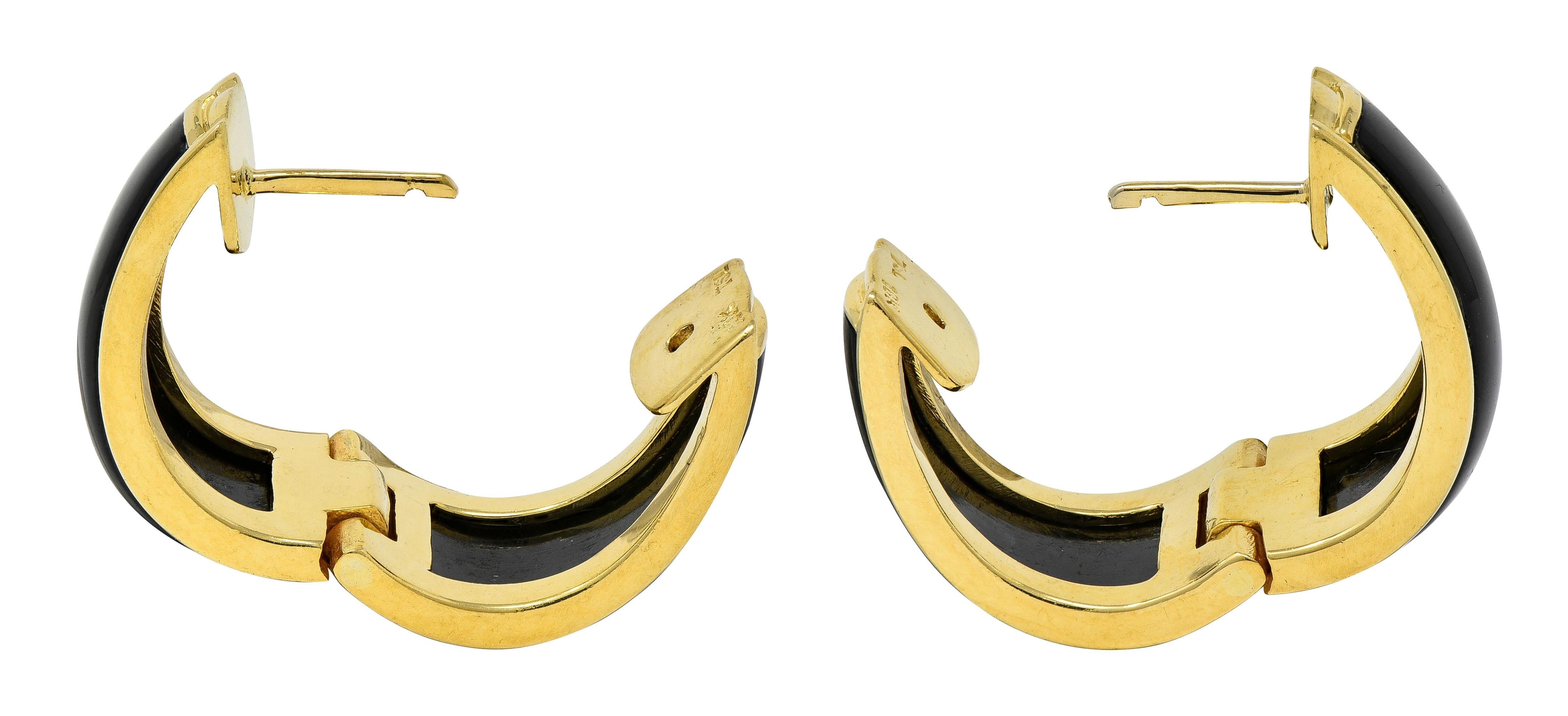 1990's Carved Black Jade 18 Karat Yellow Gold Vintage Huggie Earrings