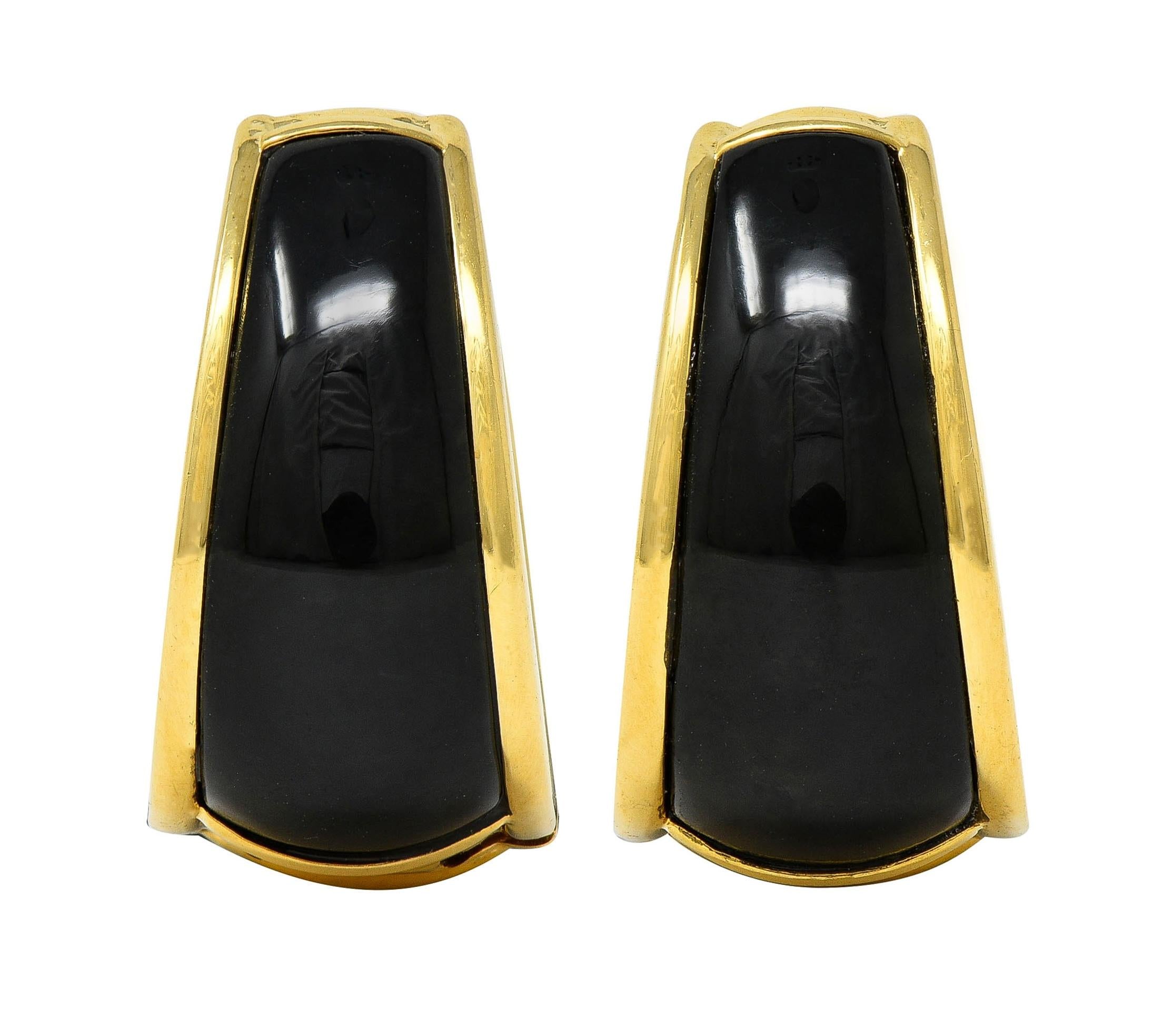 1990's Carved Black Jade 18 Karat Yellow Gold Vintage Huggie Earrings