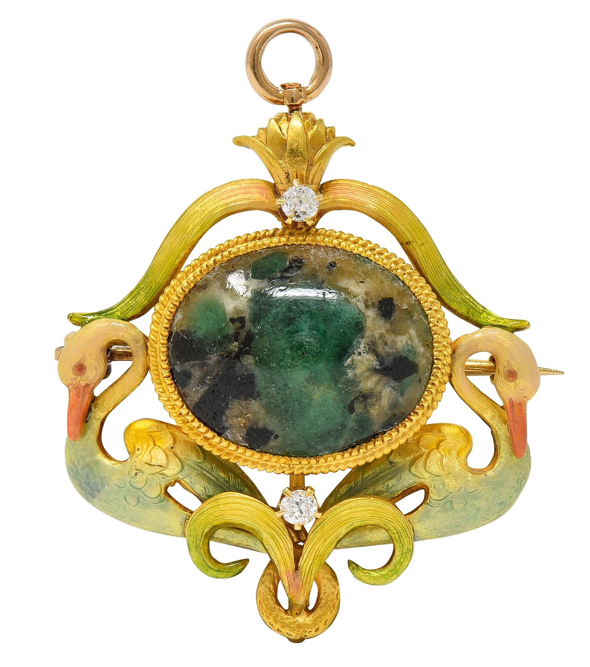 Krementz Art Nouveau Diamond Agate Enamel 14K Antique Swan Pendant Brooch