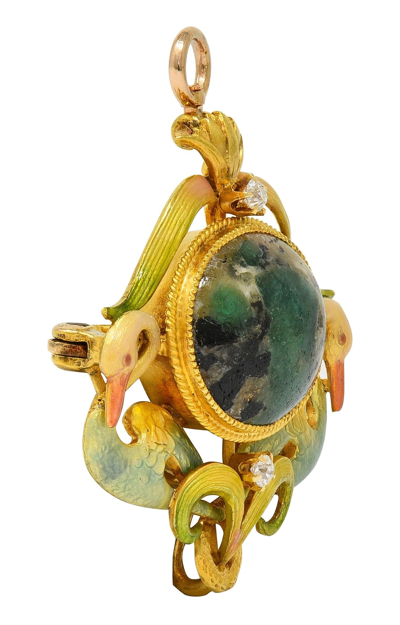 Krementz Art Nouveau Diamond Agate Enamel 14K Antique Swan Pendant Brooch