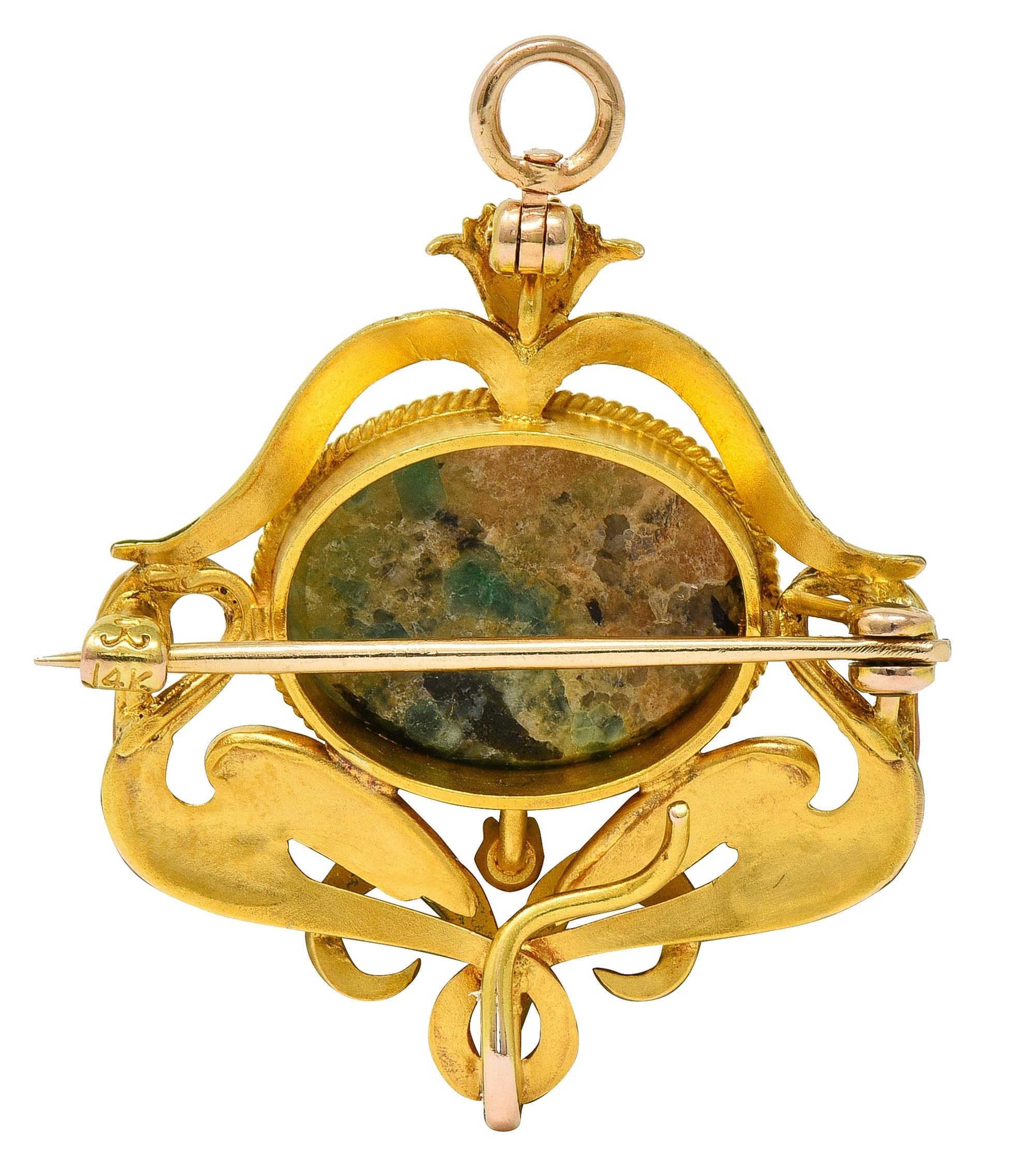 Krementz Art Nouveau Diamond Agate Enamel 14K Antique Swan Pendant Brooch