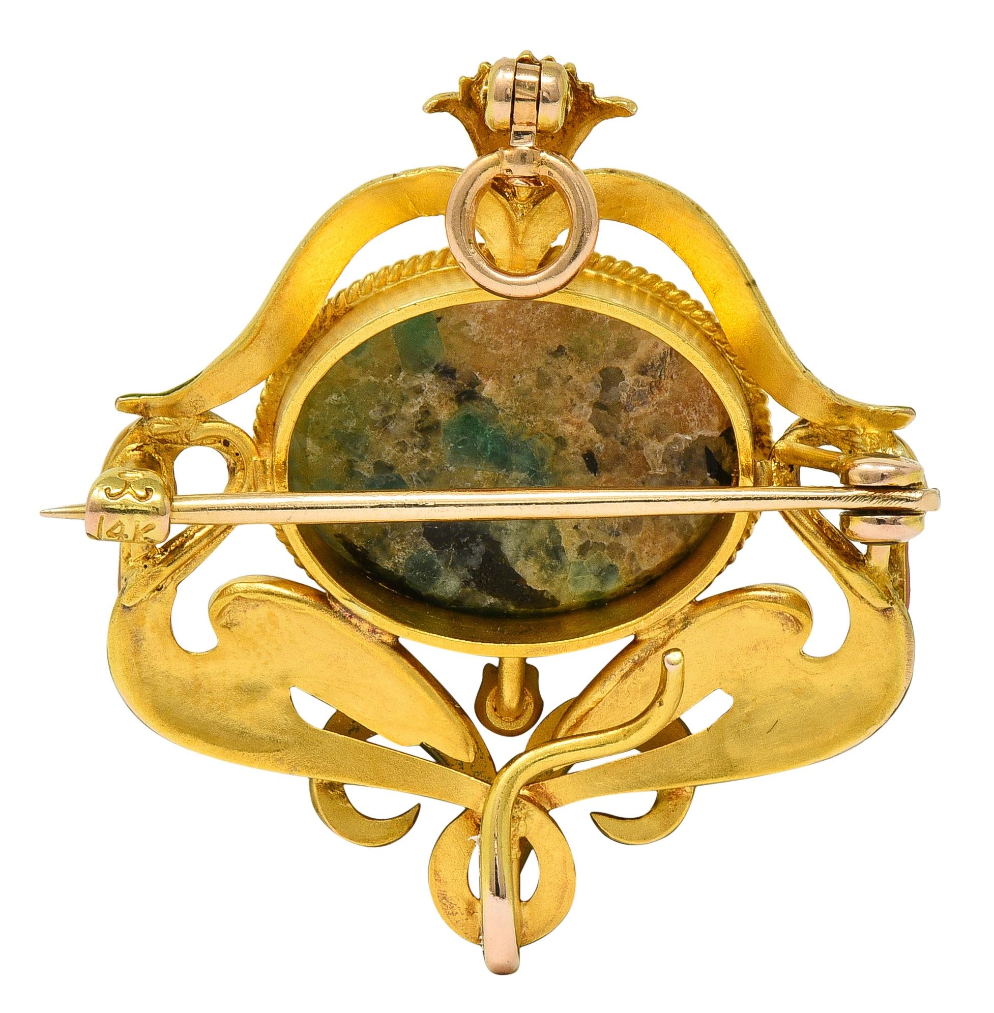 Krementz Art Nouveau Diamond Agate Enamel 14K Antique Swan Pendant Brooch