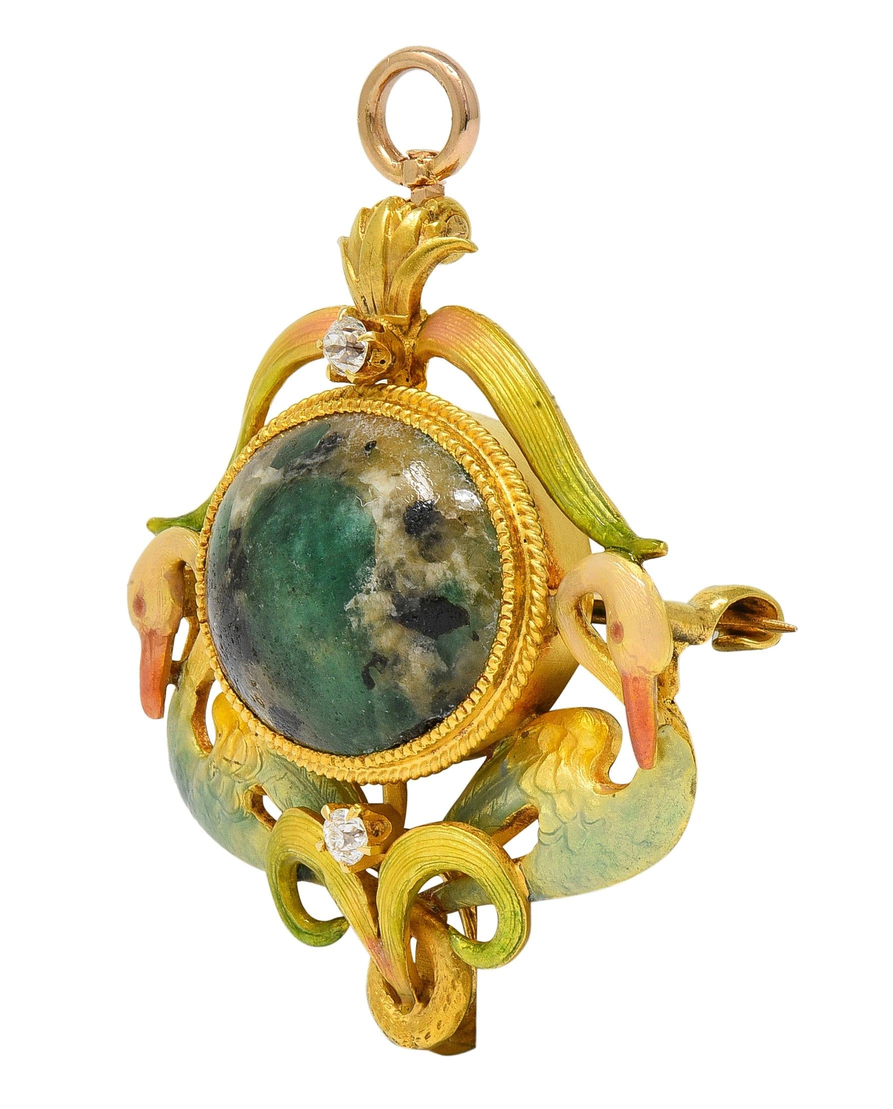 Krementz Art Nouveau Diamond Agate Enamel 14K Antique Swan Pendant Brooch