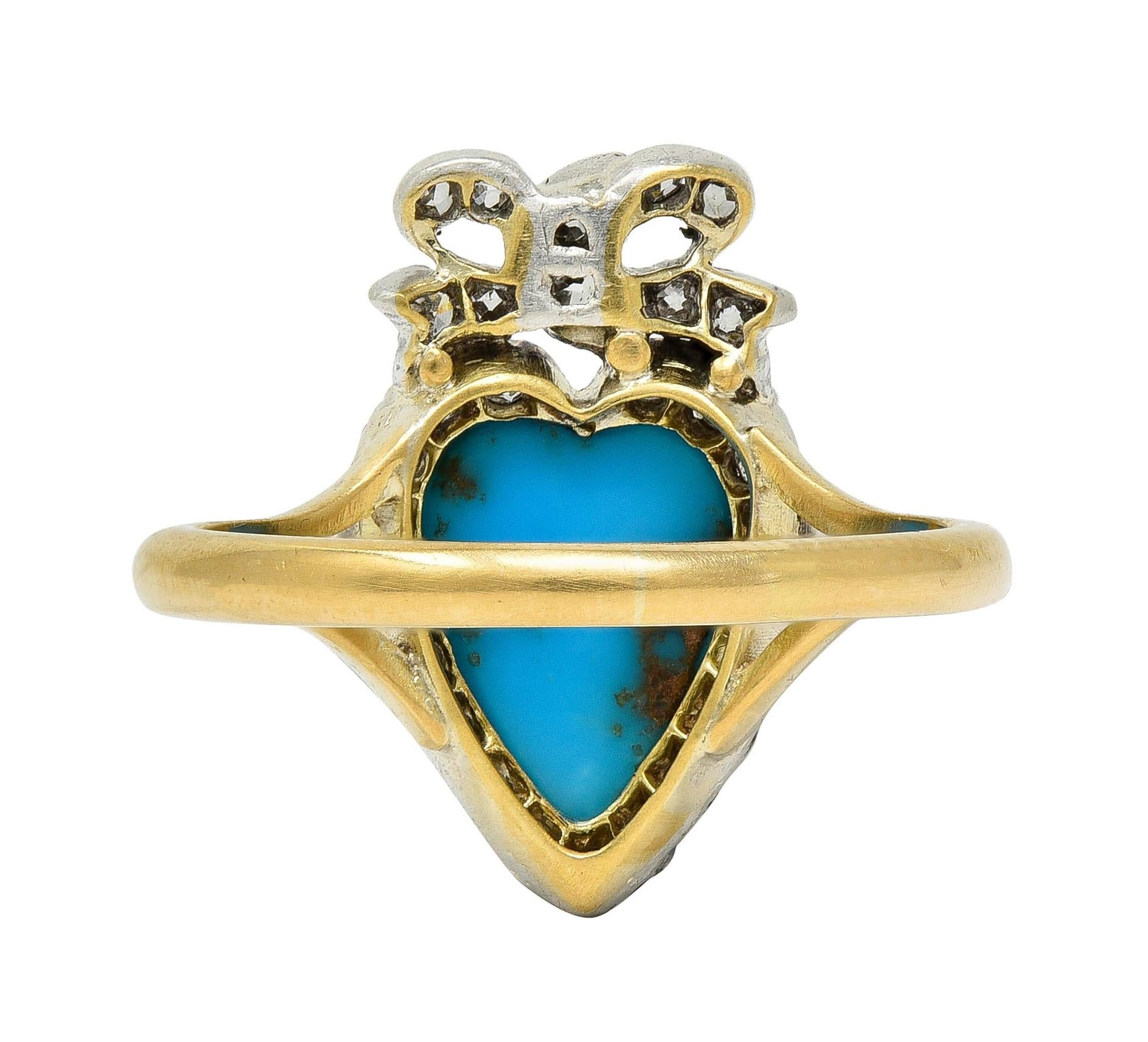 Victorian Turquoise Cabochon Diamond 18 Karat Yellow Gold Antique Heart Bow Ring