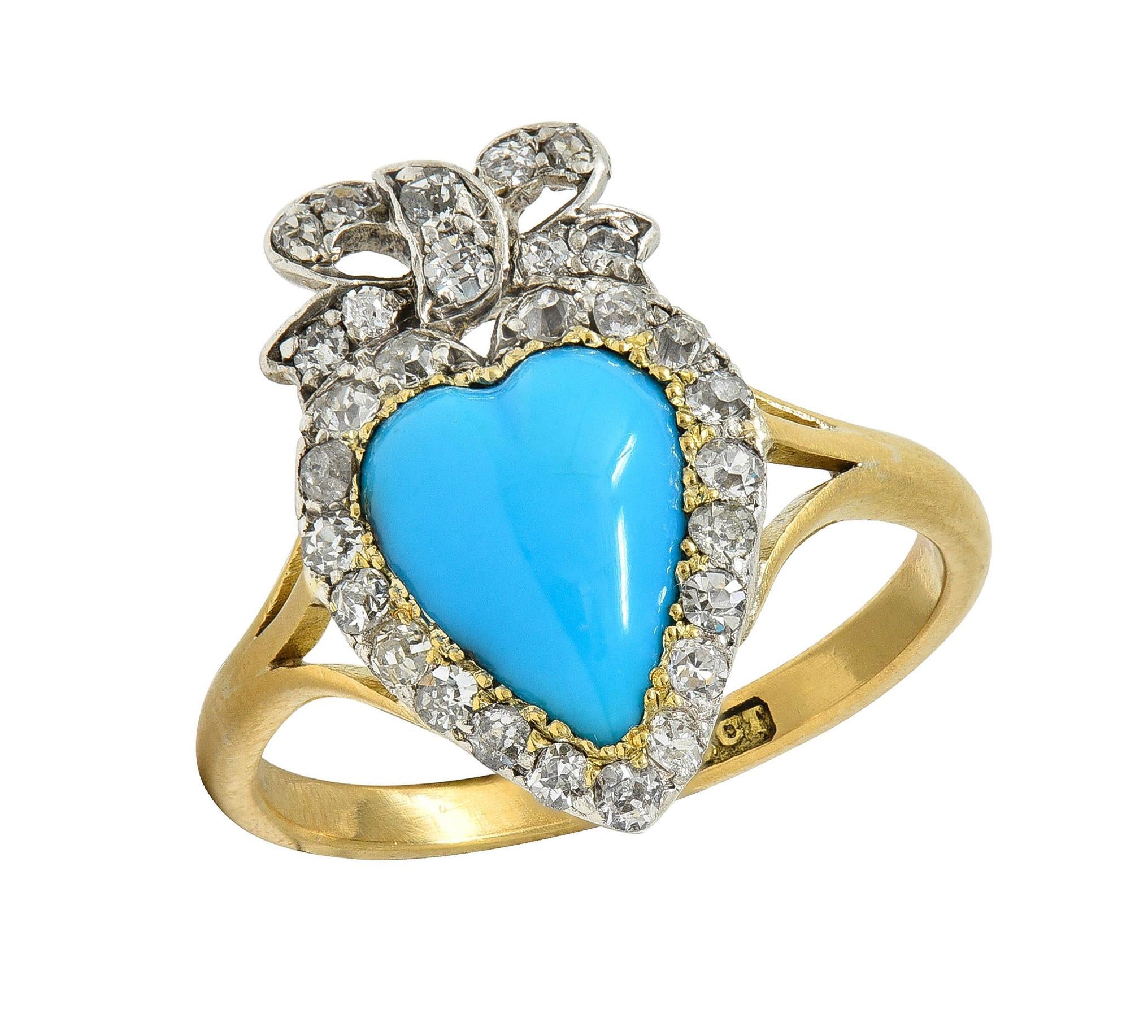 Victorian Turquoise Cabochon Diamond 18 Karat Yellow Gold Antique Heart Bow Ring