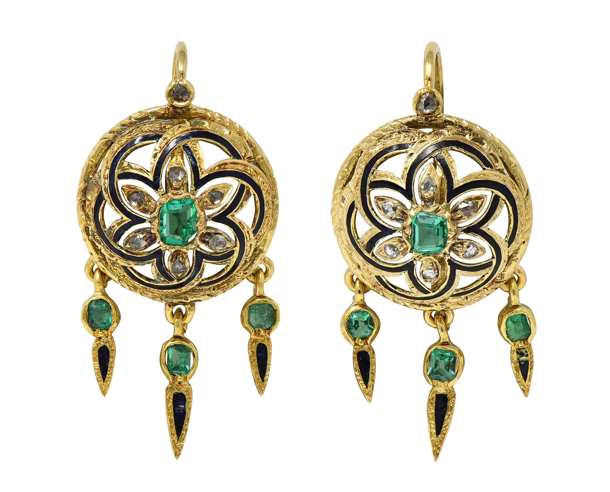 Victorian 1.80 CTW Emerald Diamond Enamel 18K Antique Fringe Drop Earrings