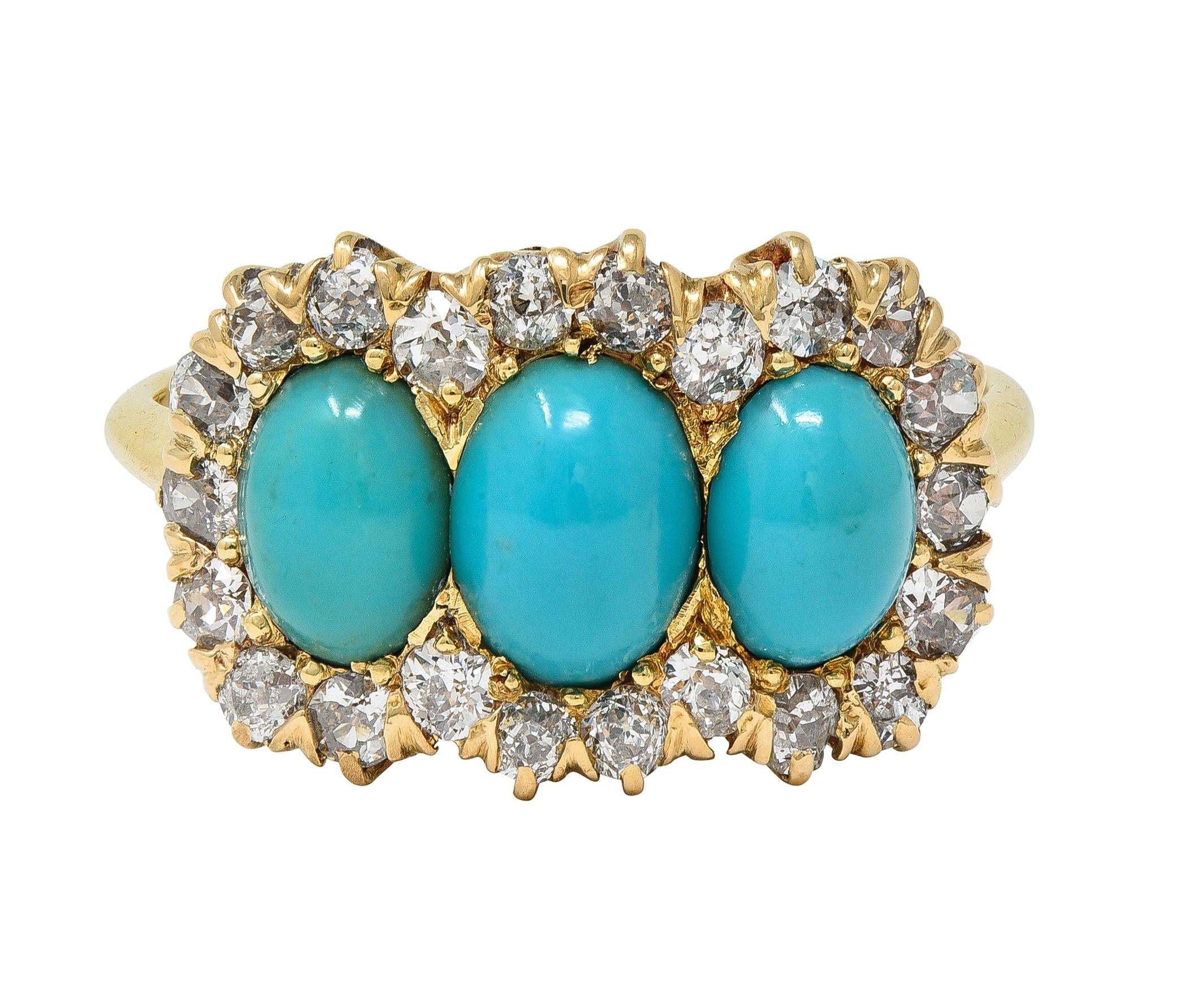Victorian Diamond Turquoise 18 Karat Yellow Gold Antique Cluster Halo Ring