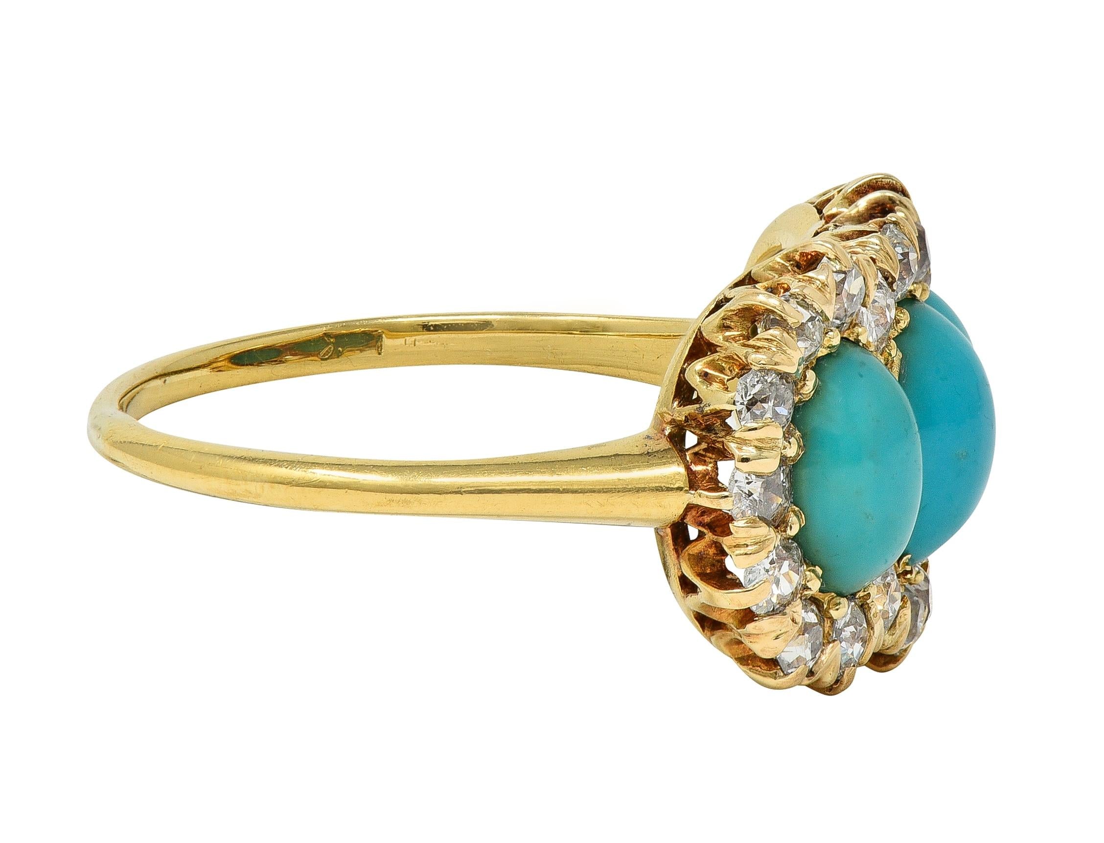 Victorian Diamond Turquoise 18 Karat Yellow Gold Antique Cluster Halo Ring