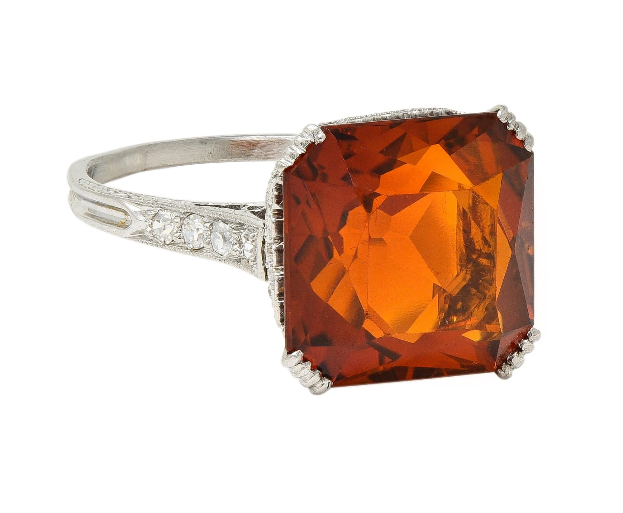 Art Deco 7.28 CTW Citrine Diamond Platinum Vintage Wheat Cocktail Ring