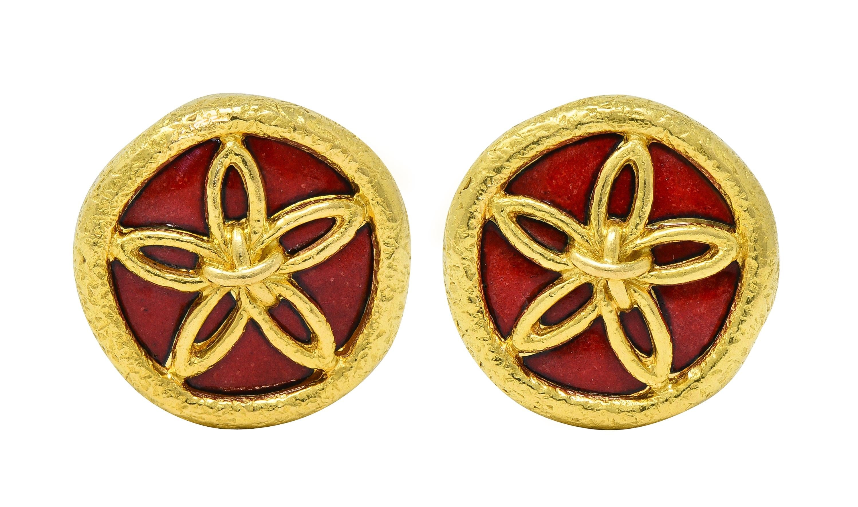 Schlumberger Tiffany & Co. Enamel 18K Gold Vintage Sand Dollar Ear-Clip Earrings