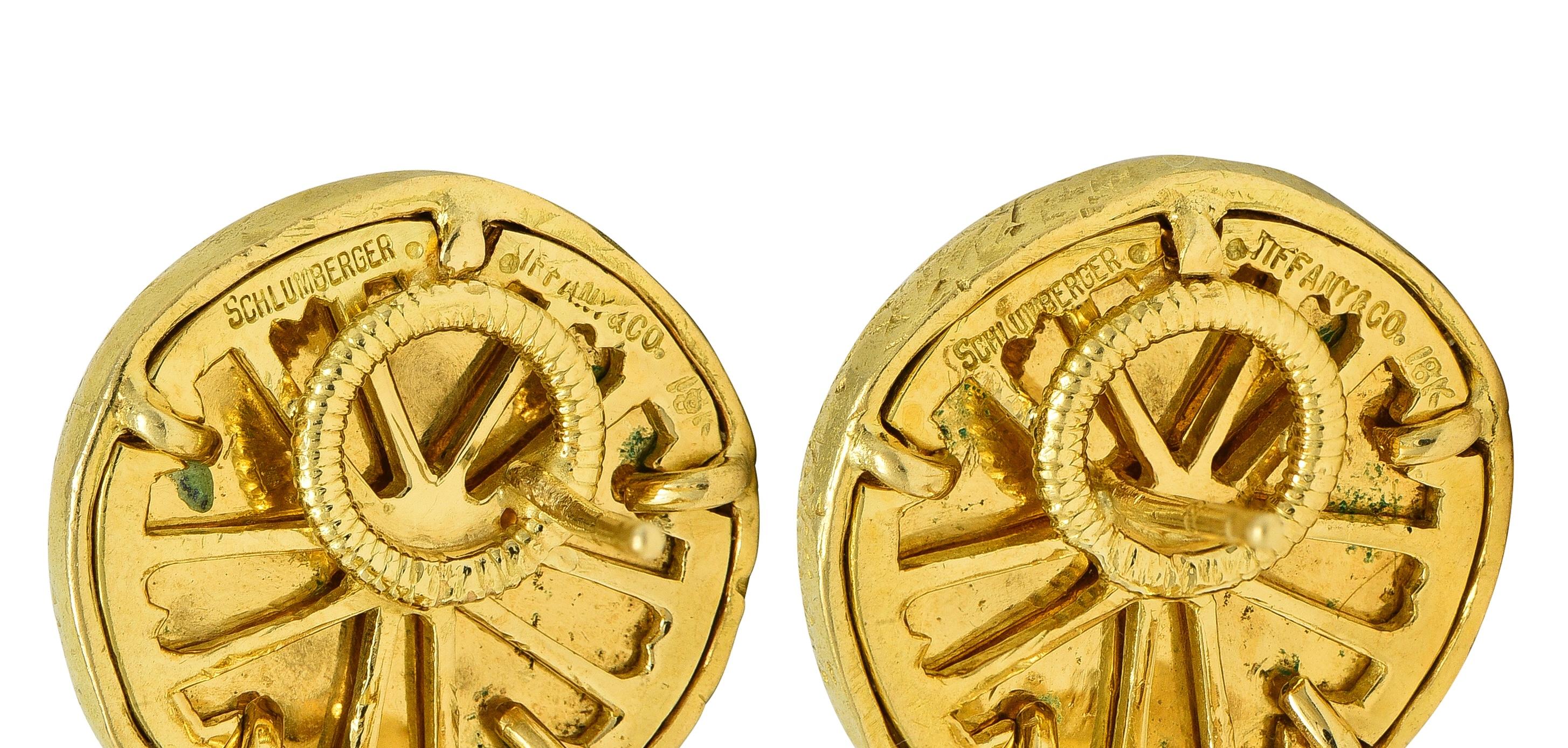 Schlumberger Tiffany & Co. Enamel 18K Gold Vintage Sand Dollar Ear-Clip Earrings