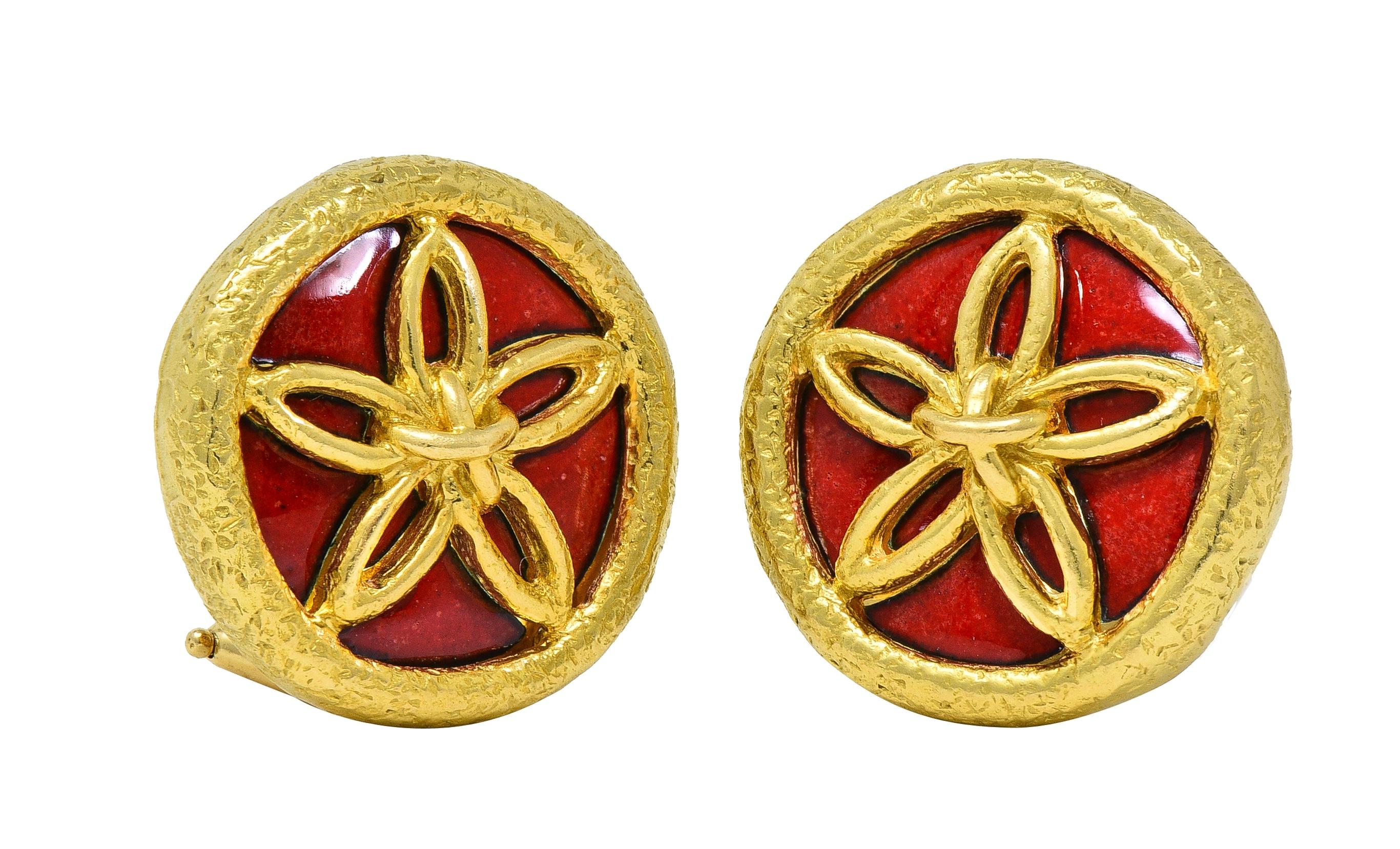 Schlumberger Tiffany & Co. Enamel 18K Gold Vintage Sand Dollar Ear-Clip Earrings