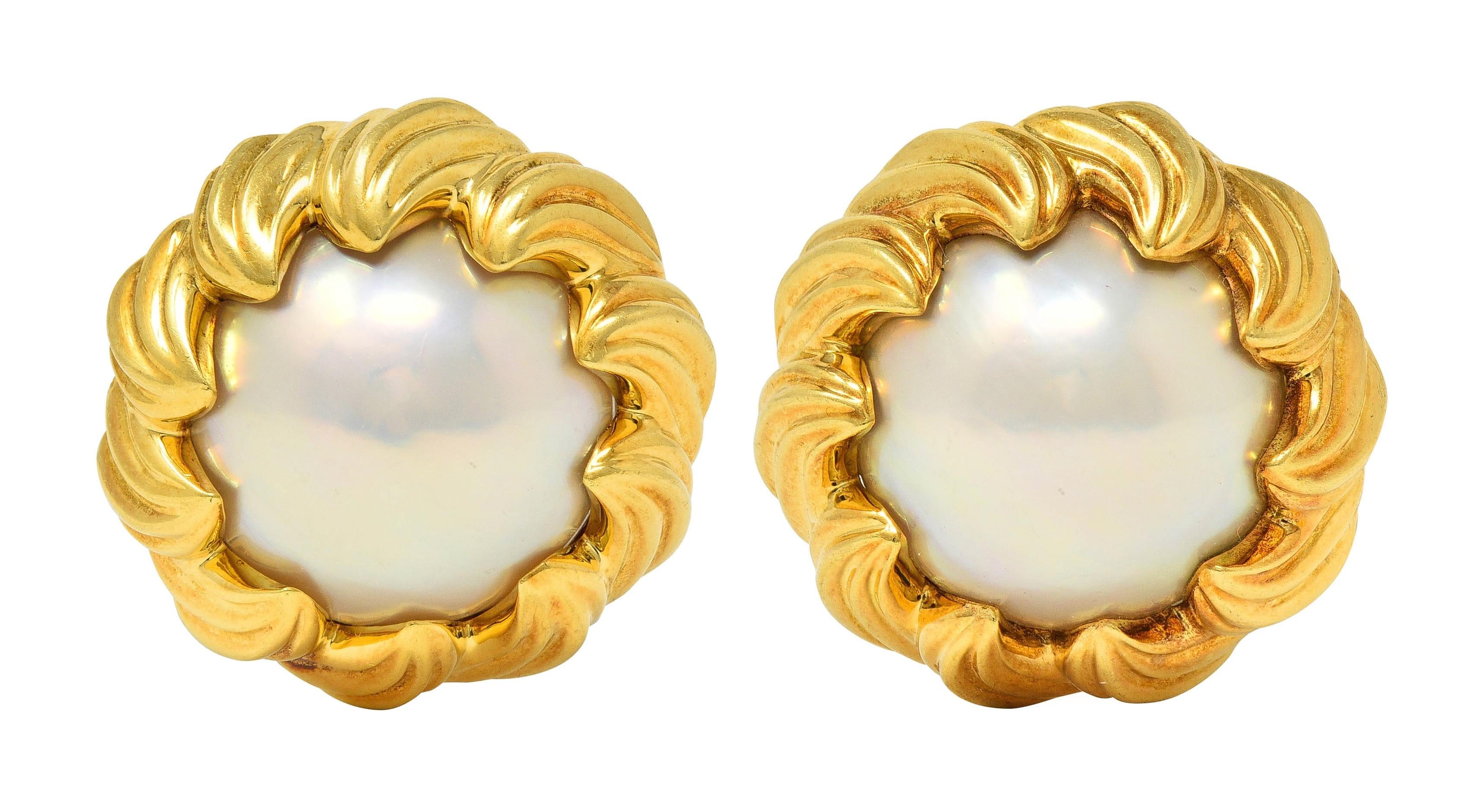 Tiffany & Co. 1980's Mabe Pearl 18 Karat Yellow Gold Vintage Wave Earrings