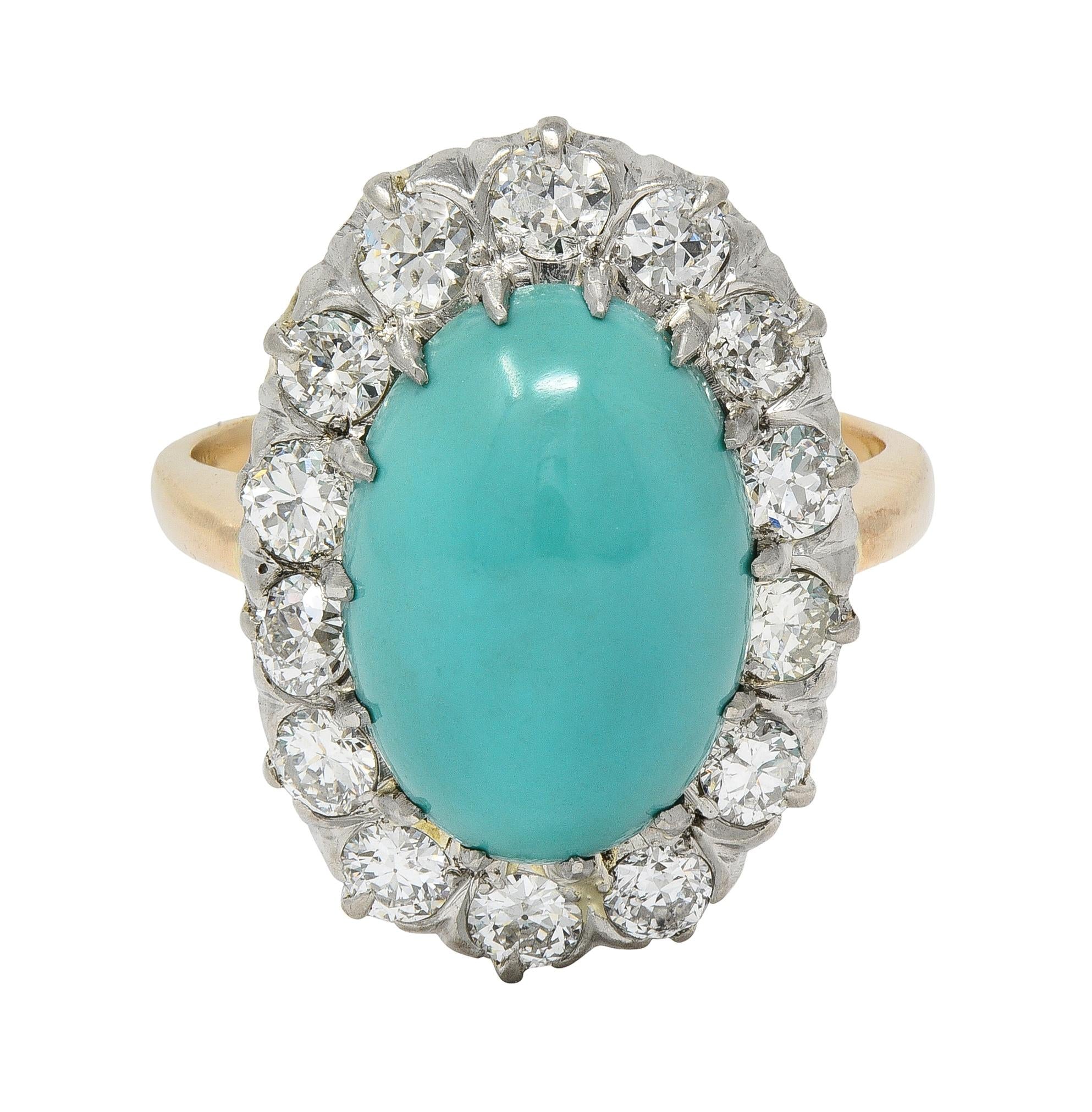 Edwardian Turquoise Diamond Platinum 14 Karat Yellow Gold Antique Halo Ring