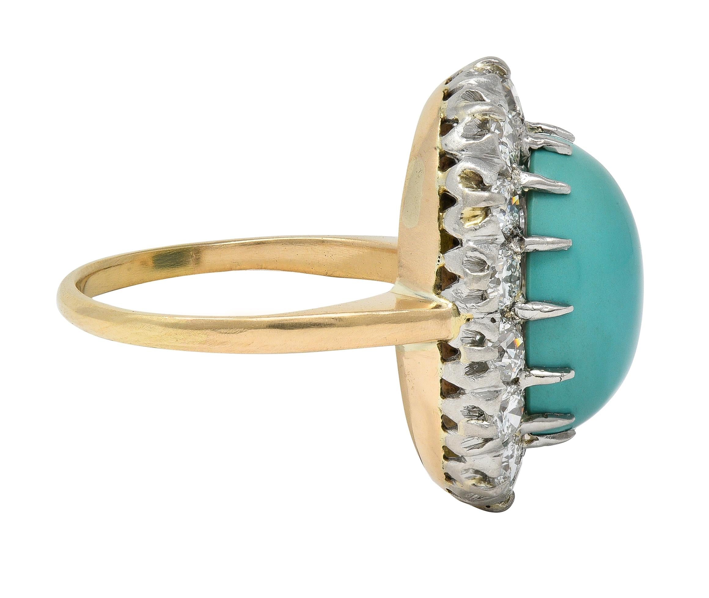 Edwardian Turquoise Diamond Platinum 14 Karat Yellow Gold Antique Halo Ring