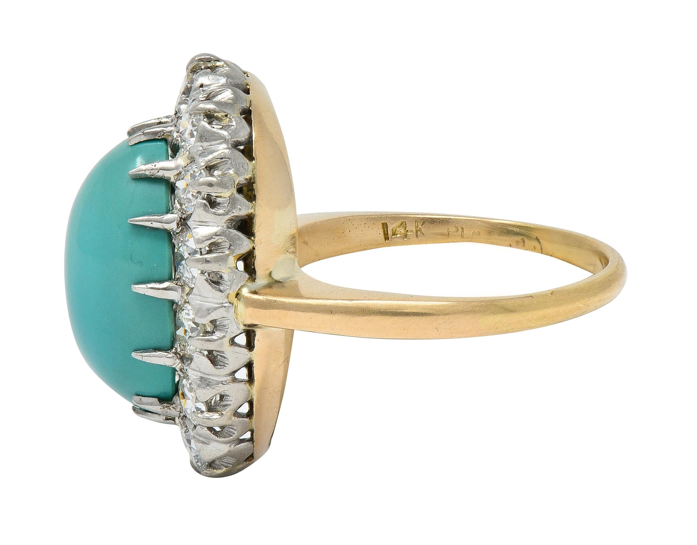 Edwardian Turquoise Diamond Platinum 14 Karat Yellow Gold Antique Halo Ring