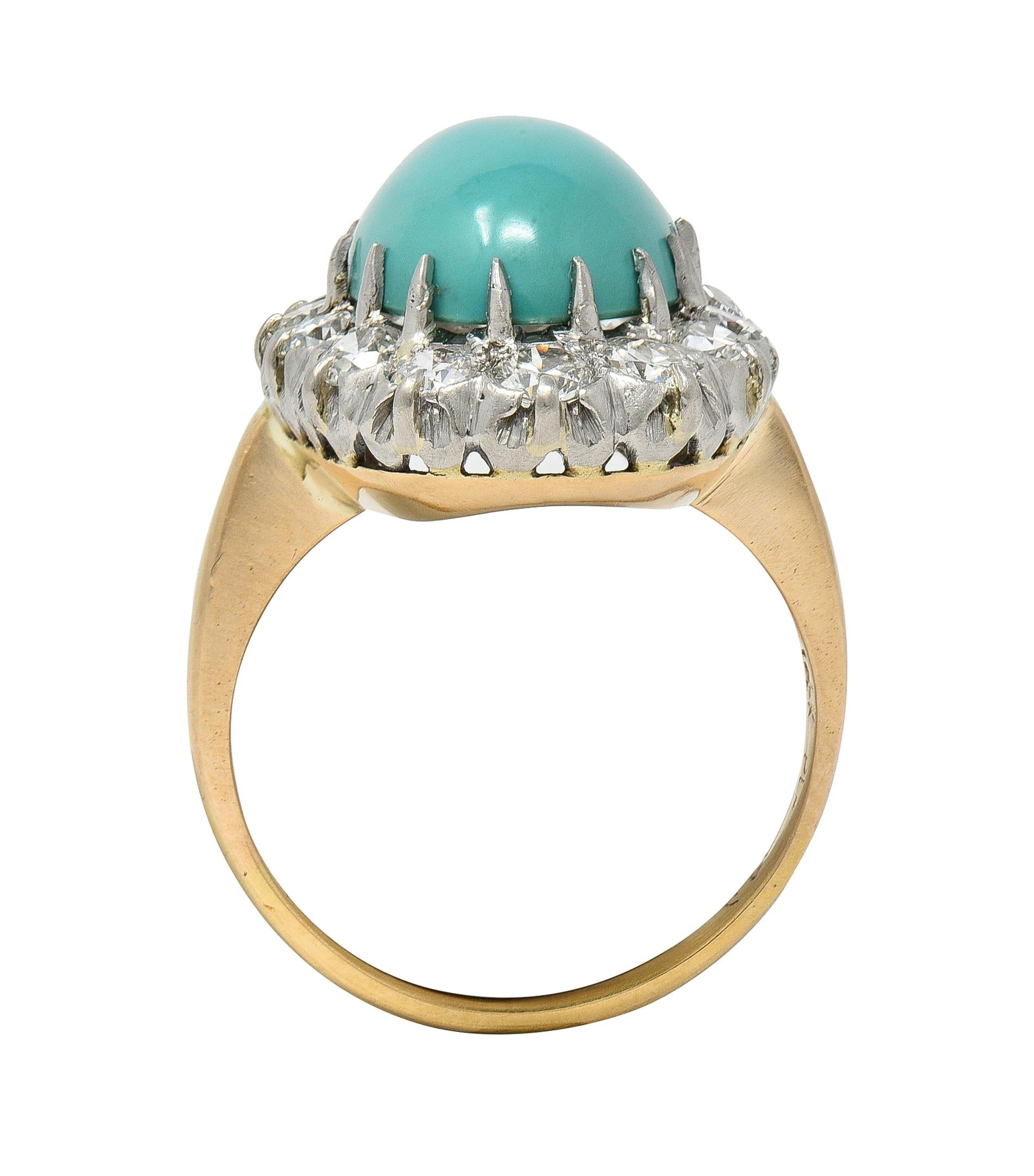 Edwardian Turquoise Diamond Platinum 14 Karat Yellow Gold Antique Halo Ring