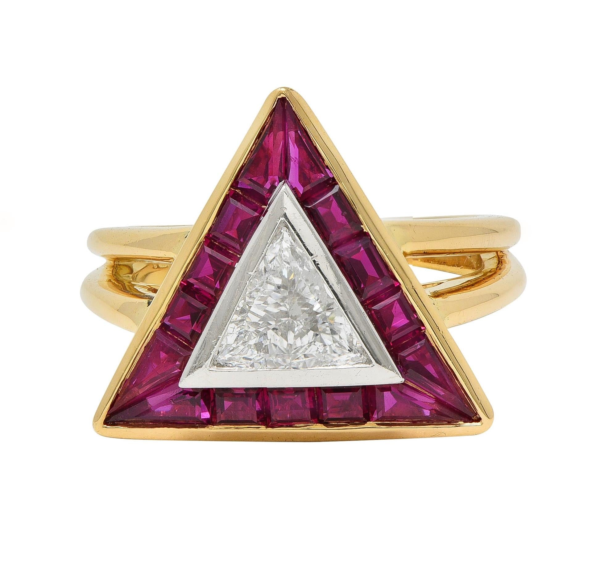 Oscar Heyman Trilliant Cut Diamond Ruby Platinum 18K Gold Triangle Halo Ring
