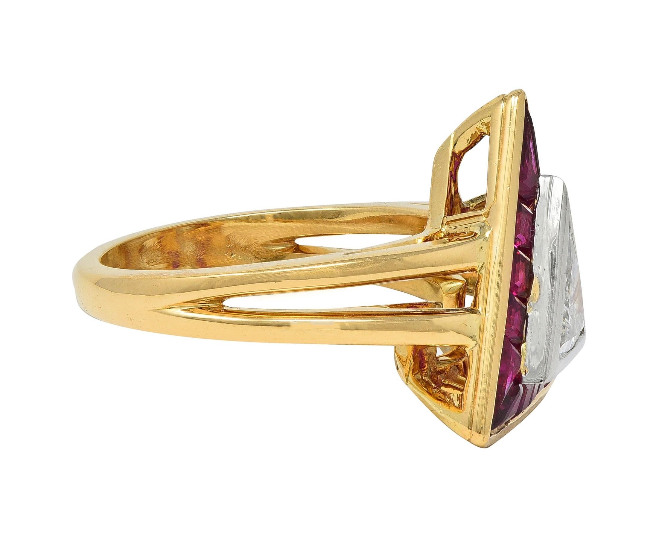 Oscar Heyman Trilliant Cut Diamond Ruby Platinum 18K Gold Triangle Halo Ring