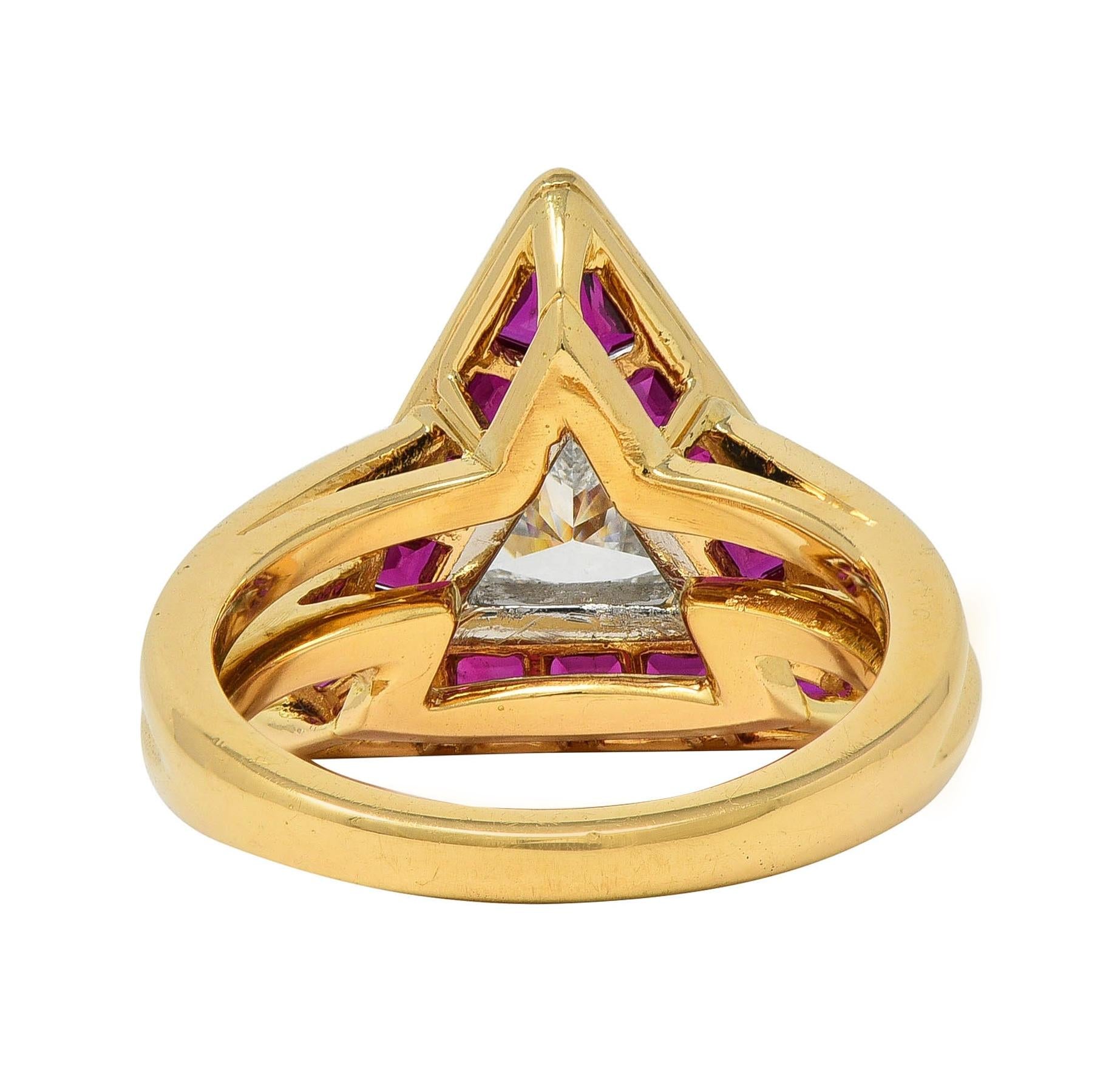 Oscar Heyman Trilliant Cut Diamond Ruby Platinum 18K Gold Triangle Halo Ring