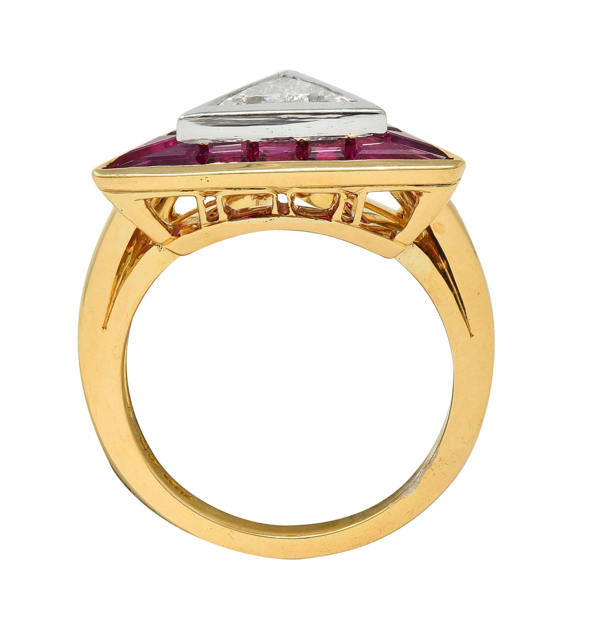 Oscar Heyman Trilliant Cut Diamond Ruby Platinum 18K Gold Triangle Halo Ring