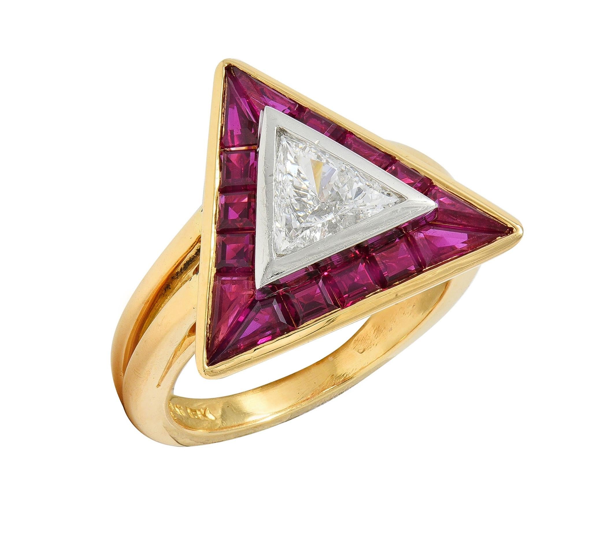 Oscar Heyman Trilliant Cut Diamond Ruby Platinum 18K Gold Triangle Halo Ring