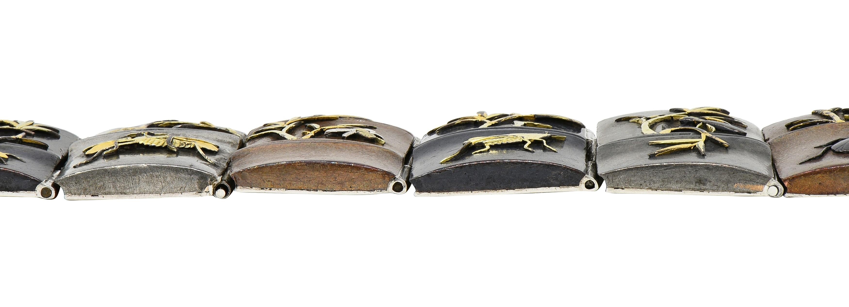 Victorian Japanese Shakudo Sterling Silver Gold Antique Bug Panel Link Bracelet
